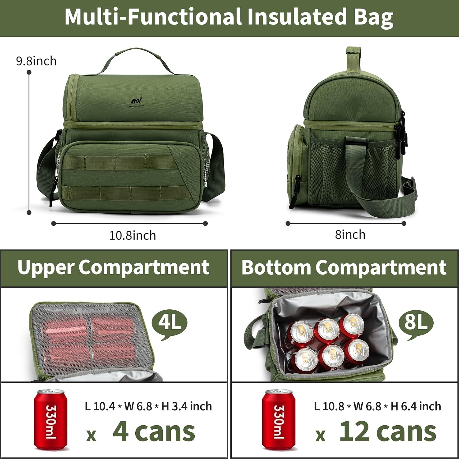 NOL Natural Organic Lifestyle Two Compartment Lunch Cooler Bag for Men - 3 Colors