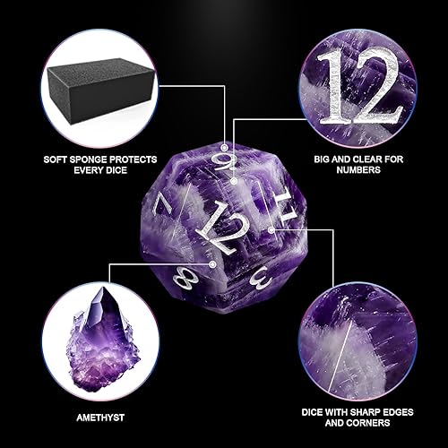 Miniatura 4 de LUCKY-M Juego de dados de cristal de amatista, 7 dados D&D con piedras preciosas para Dungeons and Dragon, dados únicos D&D con estuche de dados