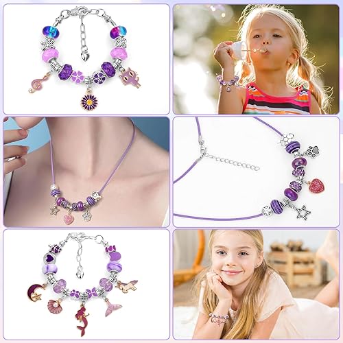 Miniatura 4 de Flasoo Kit de fabricación de pulseras con dijes, kit de fabricación de joyas para niñas adolescentes con unicornio, sirena, morado, regalo de