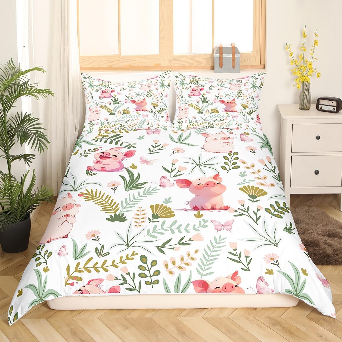 Homewish Cute Pig Duvet Cover Set Full Size,Cartoon Farmhouse Animals Pink Pig Comforter Cover with 2 Pillowcases,Boho Natural Leaves Plant Floral Breathable Bedspread for Boys Teens
