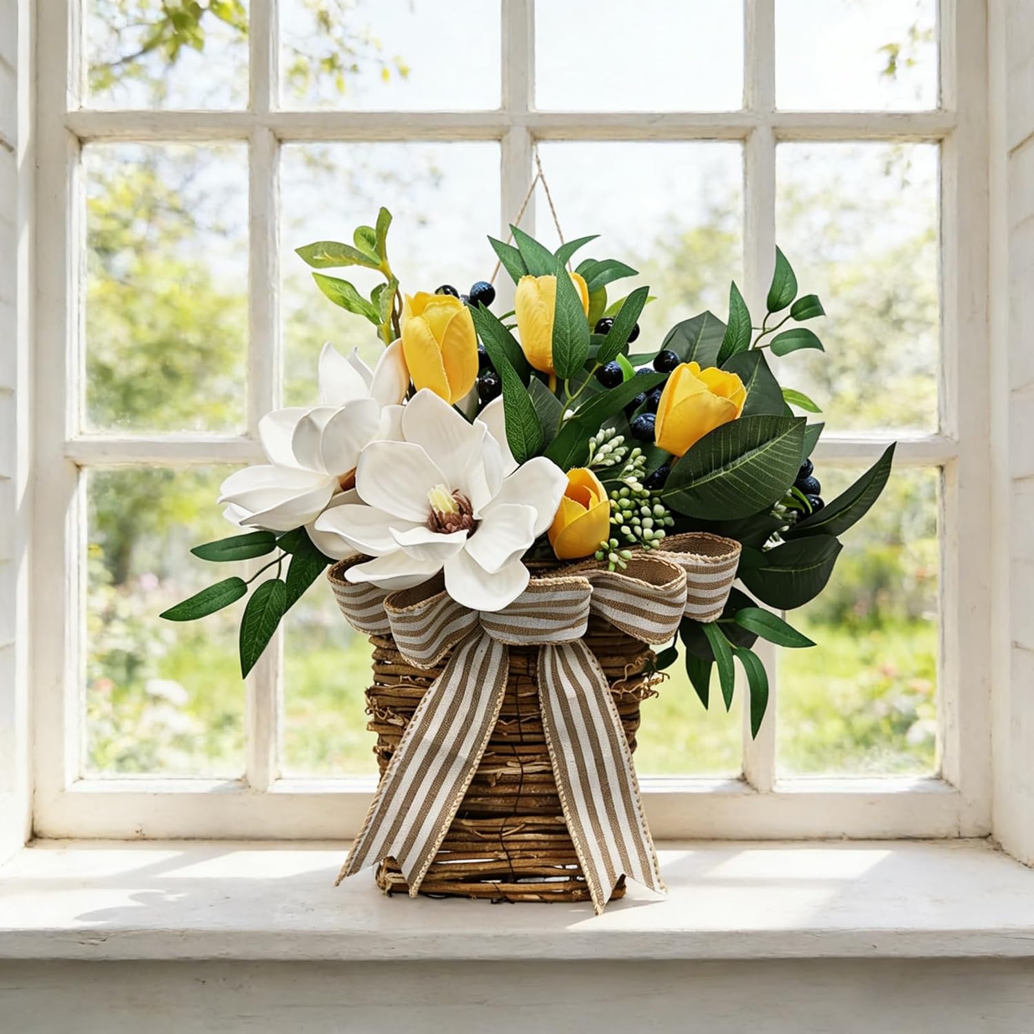 14" Spring Easter Floral Basket Wreath for Front Door, Artificial White Magnolia Yellow Tulip Door Basket Decor, Easter Basket Hanger for Farmhouse Home Wall Door, Spring Summer Easter Wreath
