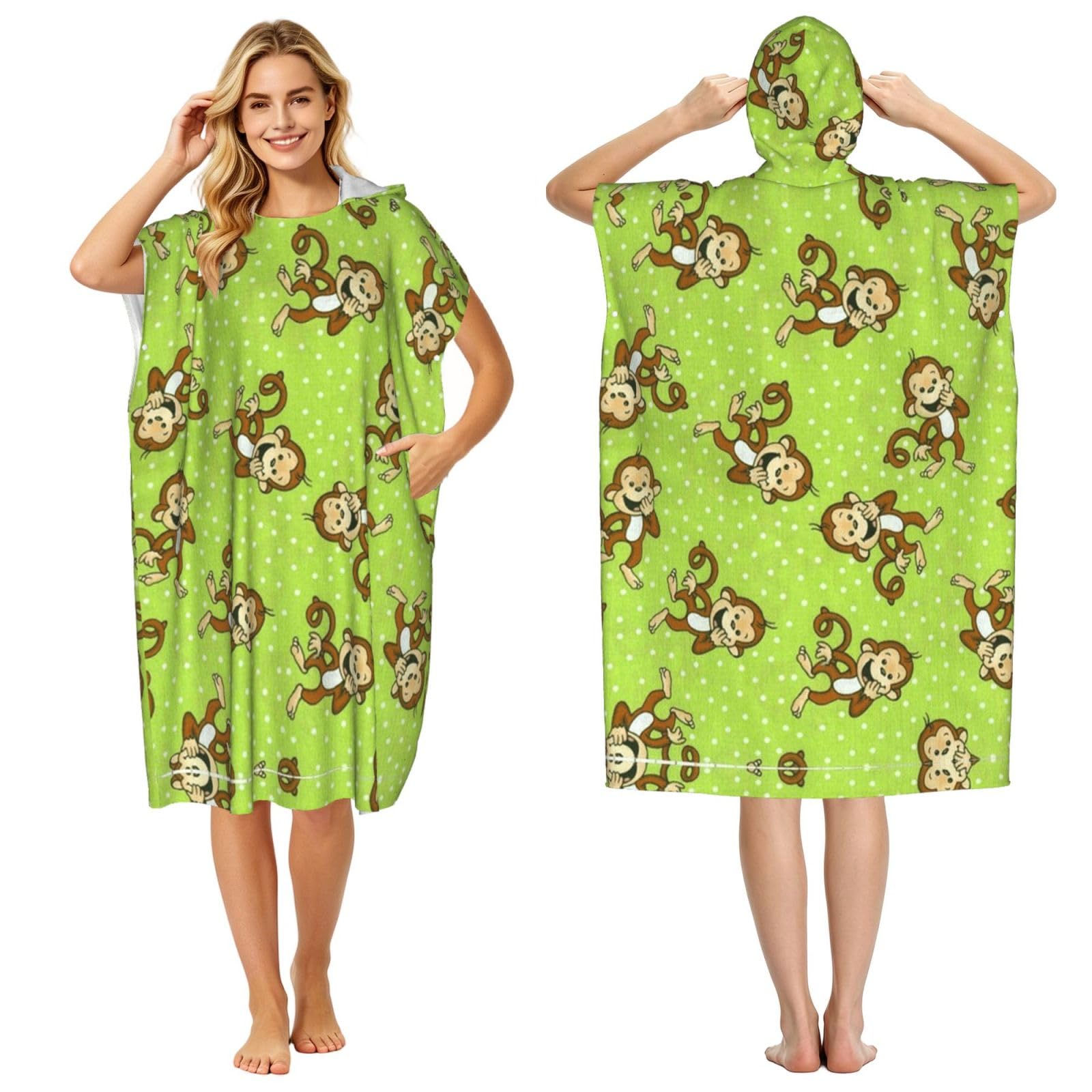 Poncho à capuche imprimé singe vert en microfibre légère adulte