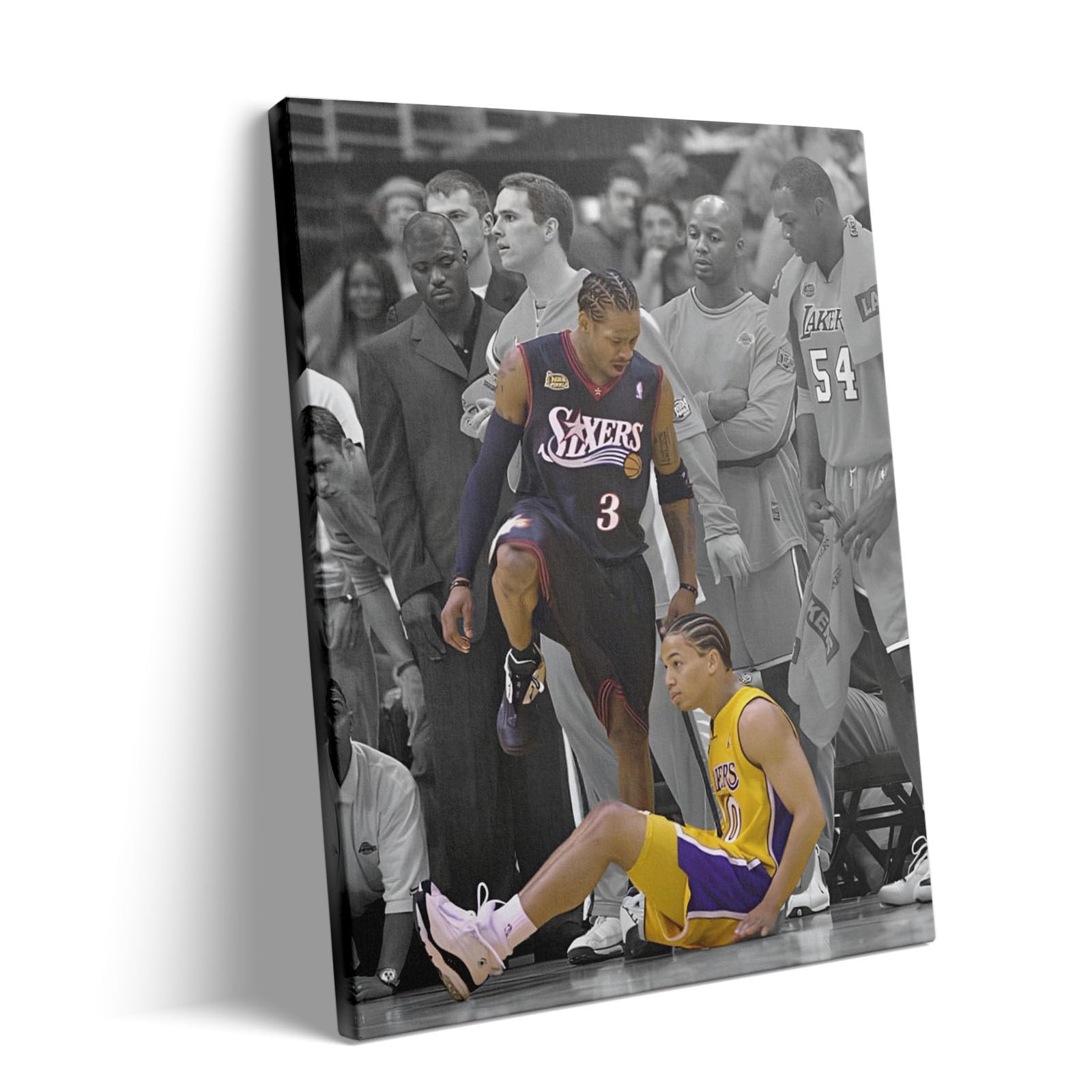 NBA Canvas Wall Art Decor - Allen Iverson Step Over Tyronn Lue Iconic Moment, 76ers vs Lakers Basketball Poster, Black and White Sports Artwork for Home or Game Room Wall Decor 20X24 inch