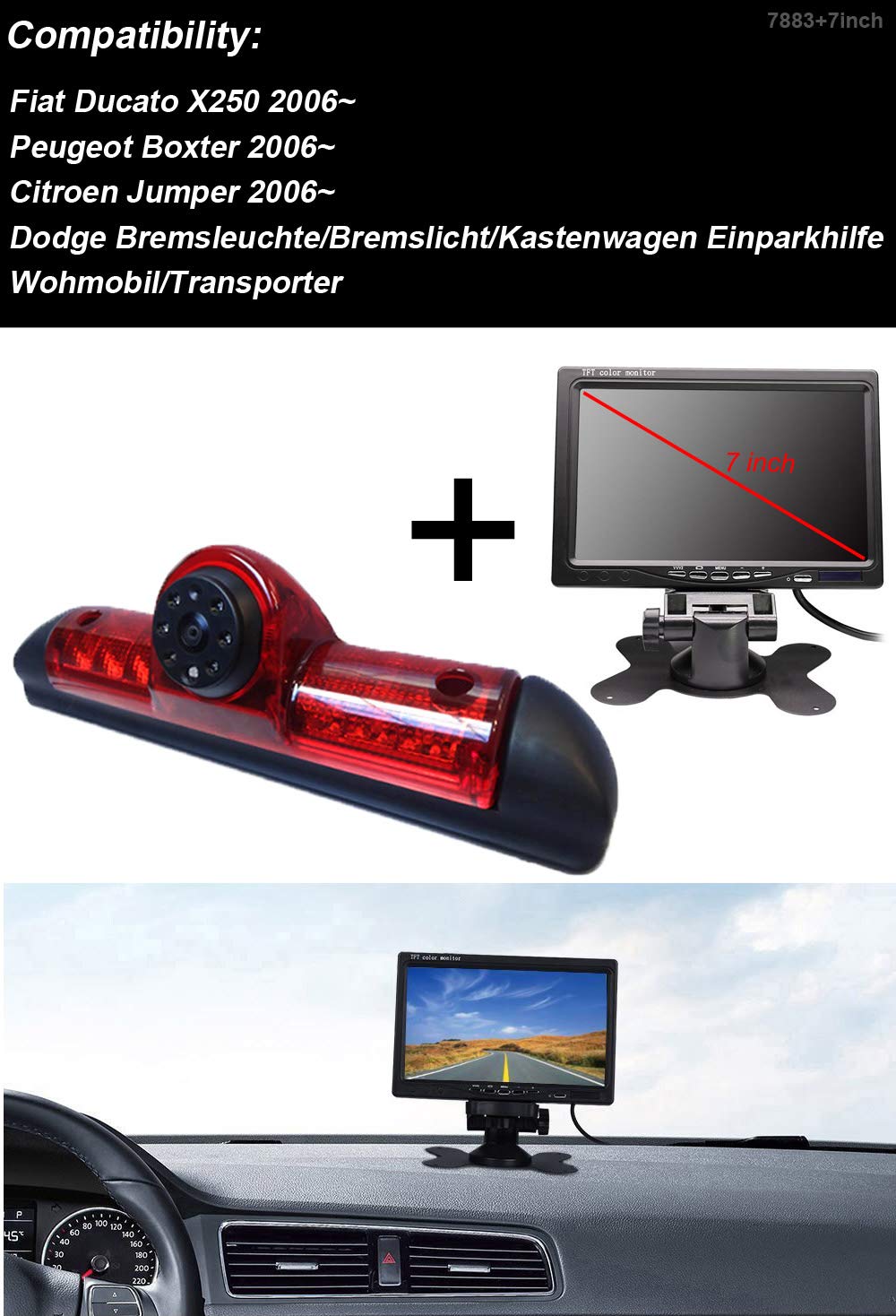 Telecamera per retromarcia Telecamera + Schermo TFT LCD da 7 pollici Monitor per auto in 3.Bremslicht Lampada freno per Ducato X250 / Peugeot Boxter/Citroen Jumper