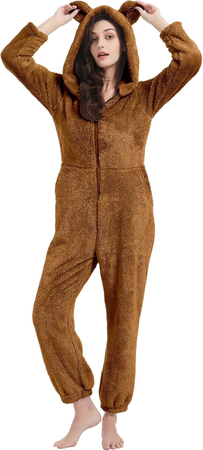 Kissonic Women's Onesies Pajamas Sherpa Fleece One Piece Romper Zipper Cute Hooded Jumpsuit Pajama Loungewear - Image 3