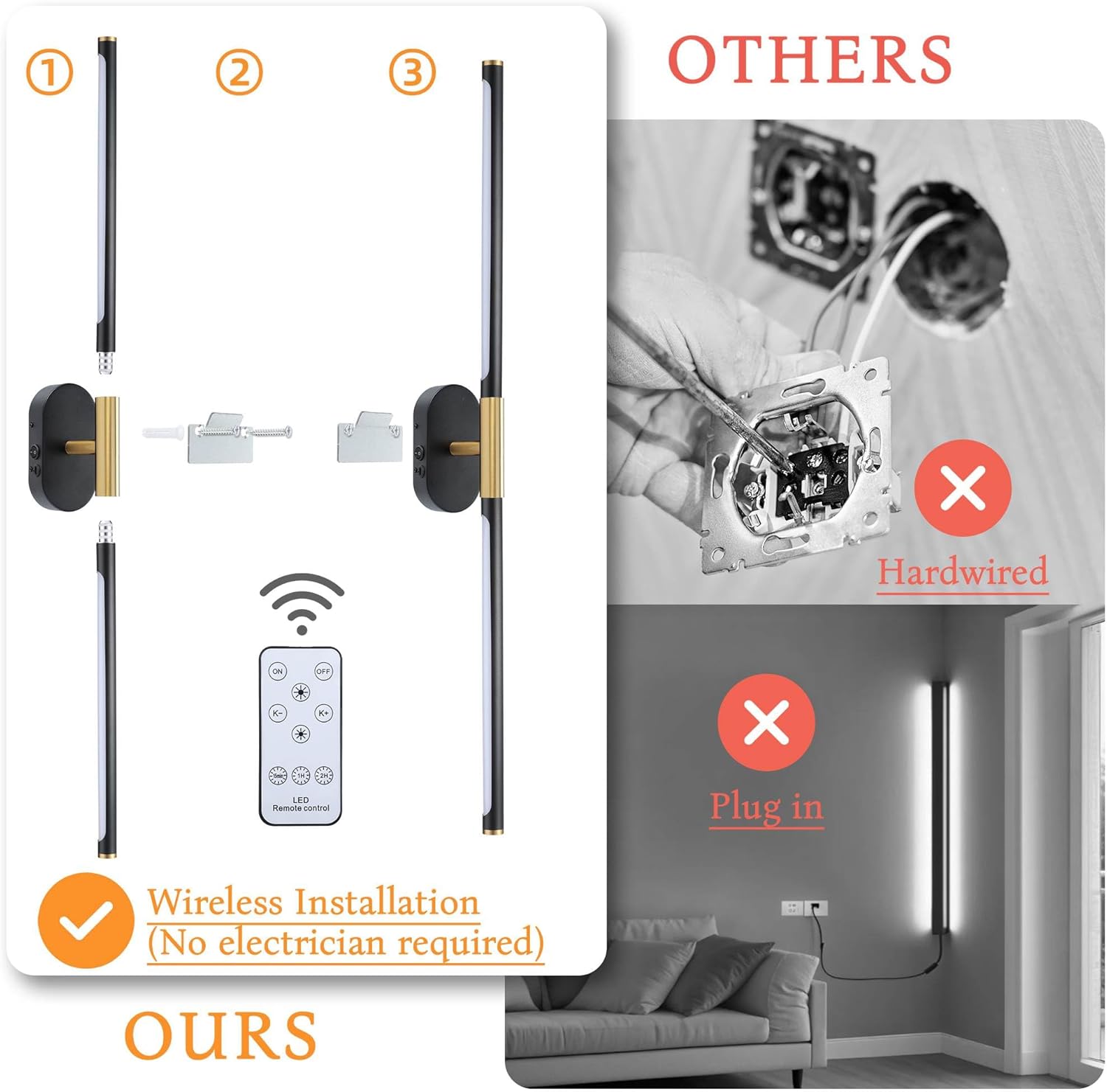 31.5" Battery Operated Wall Sconces Set of Two, Rechargeable Wall Sconce with Remote, Wireless Wall Lights 2800K-6500K Dimmable Wall Lamps for Bedroom Living Room Hallway TV Wall, Black Gold