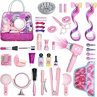 Quhealro Hair Salon Toys for Girls Ages 3-6: 32pc Beauty Stylist Kit with Working Hair Dryer, Makeup, Apron & Accessories