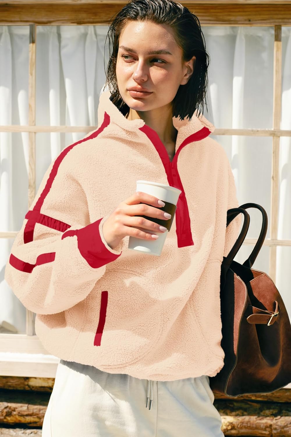 Panadila Womens Half Zip Sherpa Fleece Pullover Soft Oversized Sweatshirt with Pockets Warm Fuzzy Sweater - Image 4