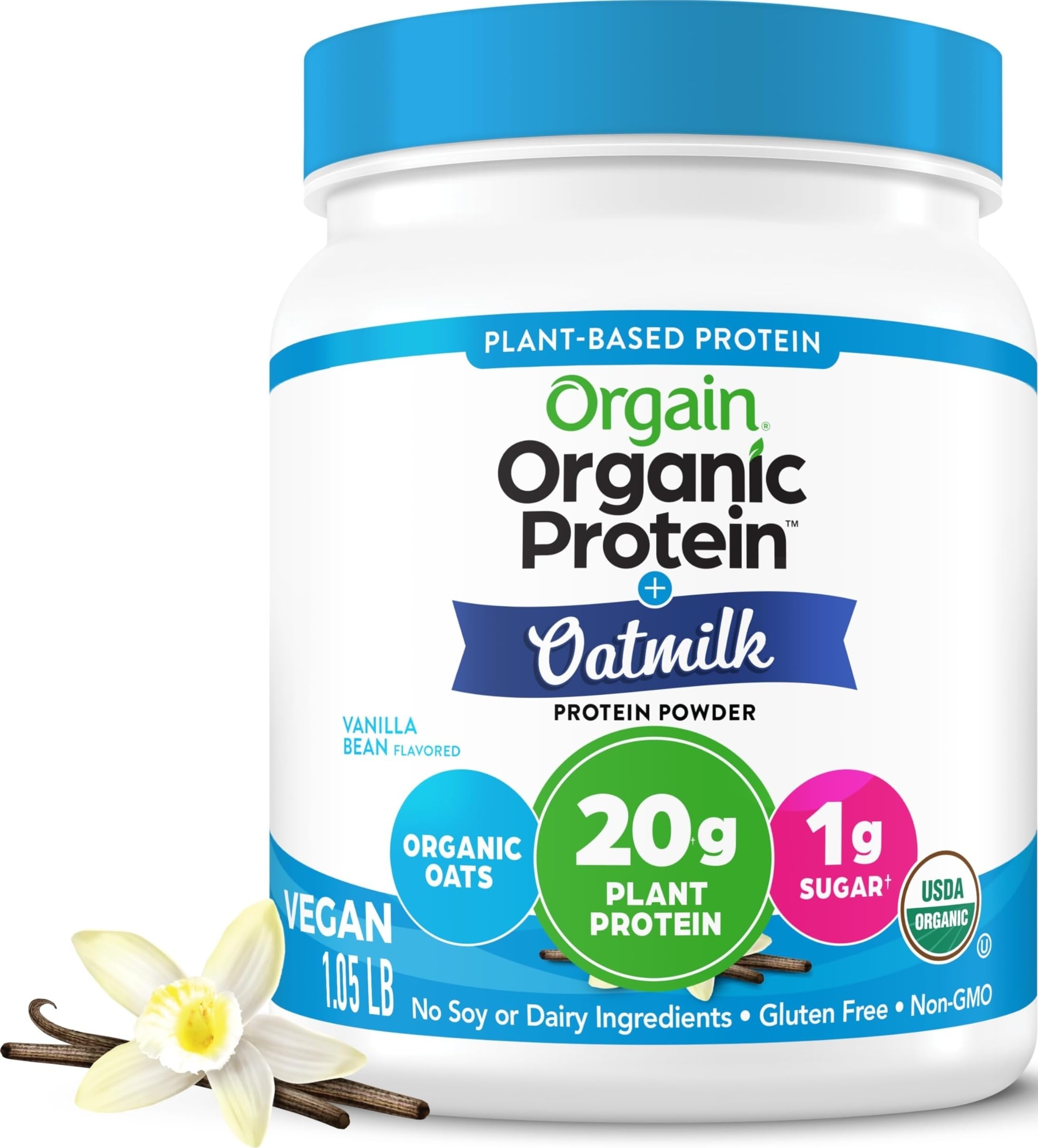 Orgain Proteína vegetal em pó com leite de aveia, baunilha, 20 g de proteína por porção, 477 g