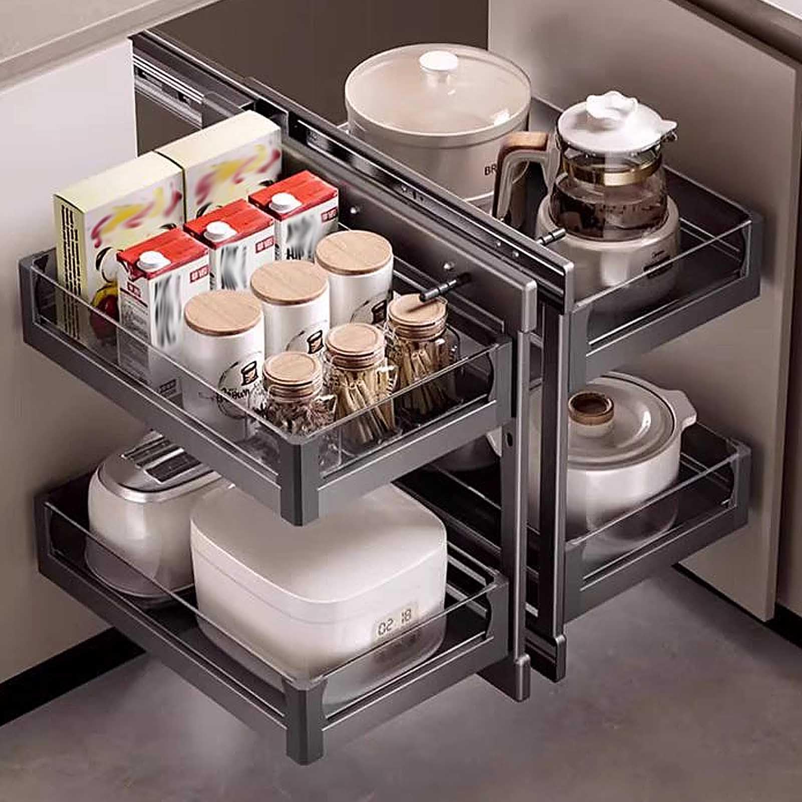 2 ripiani estraibili ad angolo cieco e organizer a 4 ripiani magici in metallo per armadietti estraibili mensola da cucina per apertura sinistra e destra, soluzione salvaspazio