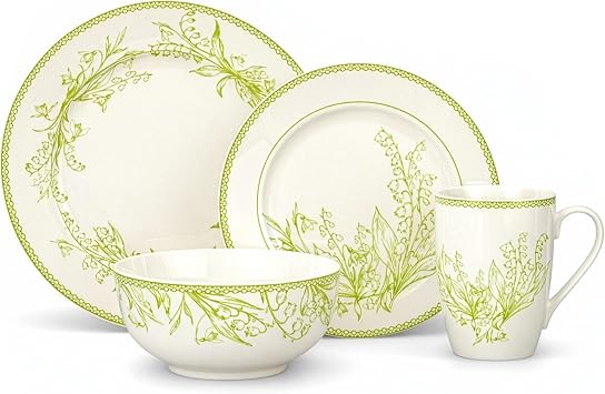 Bone China Dinnerware Set of 16 for 4 persons, Handmade Reactive Glaze Dishes Set,Chip Resistant and Scratch Resistant, Oven&Dishwasher & Microwave Safe,Service for 4 Lily of the Valley