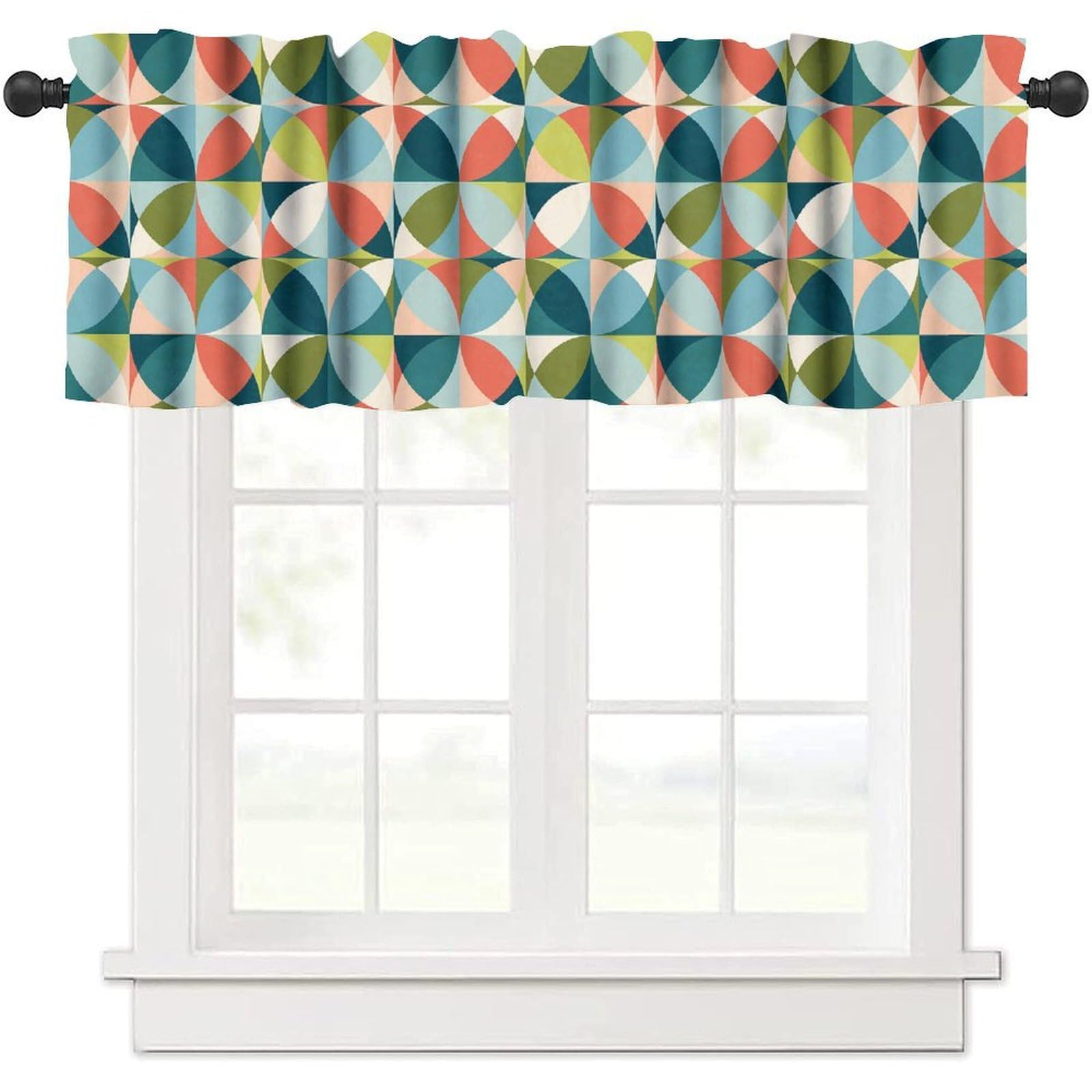 moderw Mid Century Curtain Valance, Retro Abstract Geometric Circles Boho Vintage Classic Minimalist Window Valance Curtains for Farmhouse Bedroom Living Room Kitchen 54x18inch