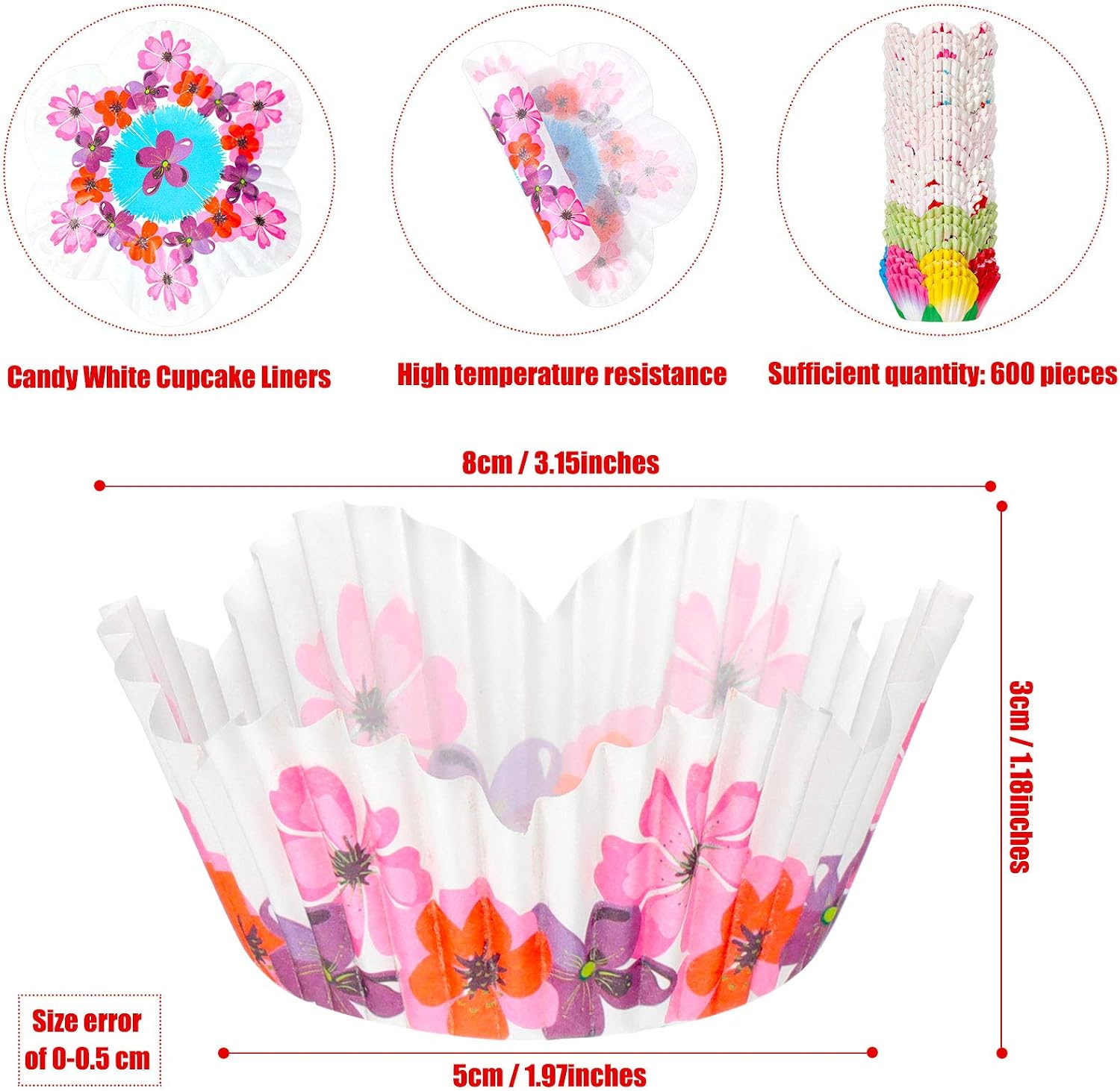 Patelai 600 Pcs Flowers Cupcake Liners Disposable Colorful Paper Baking Cups Disposable Floral Cupcake Wrappers Muffin Liners for Spring Summer Boho Wedding Birthday Shower Bridal Party