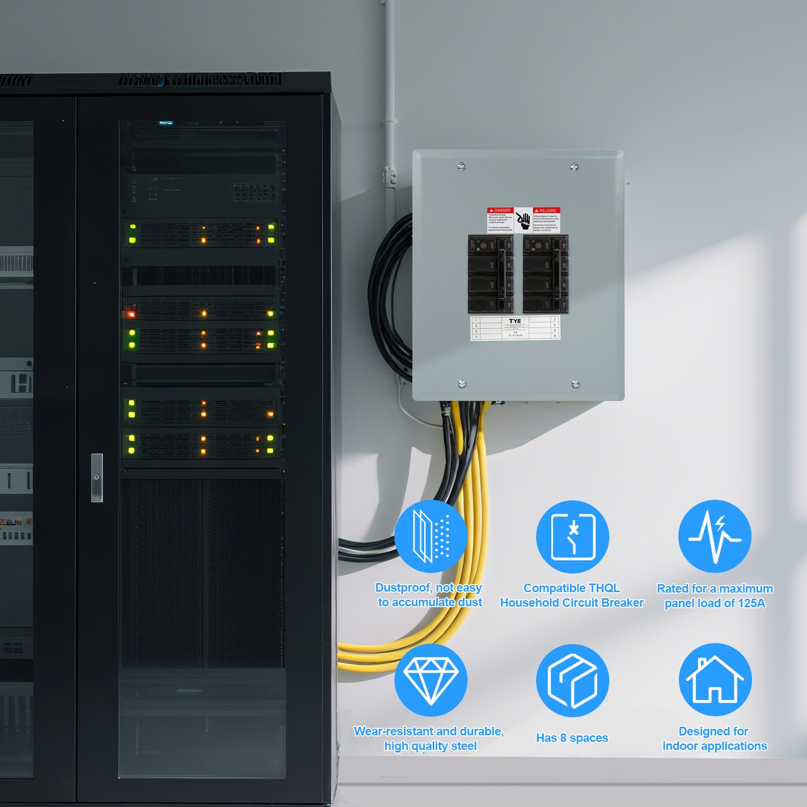 THQL - Paneles de disyuntor de circuito, 8 espacios, caja de distribución de disyuntor de 125 A, caja eléctrica de disyuntor de 120 V/240 V, centro de carga de lengüeta principal interior