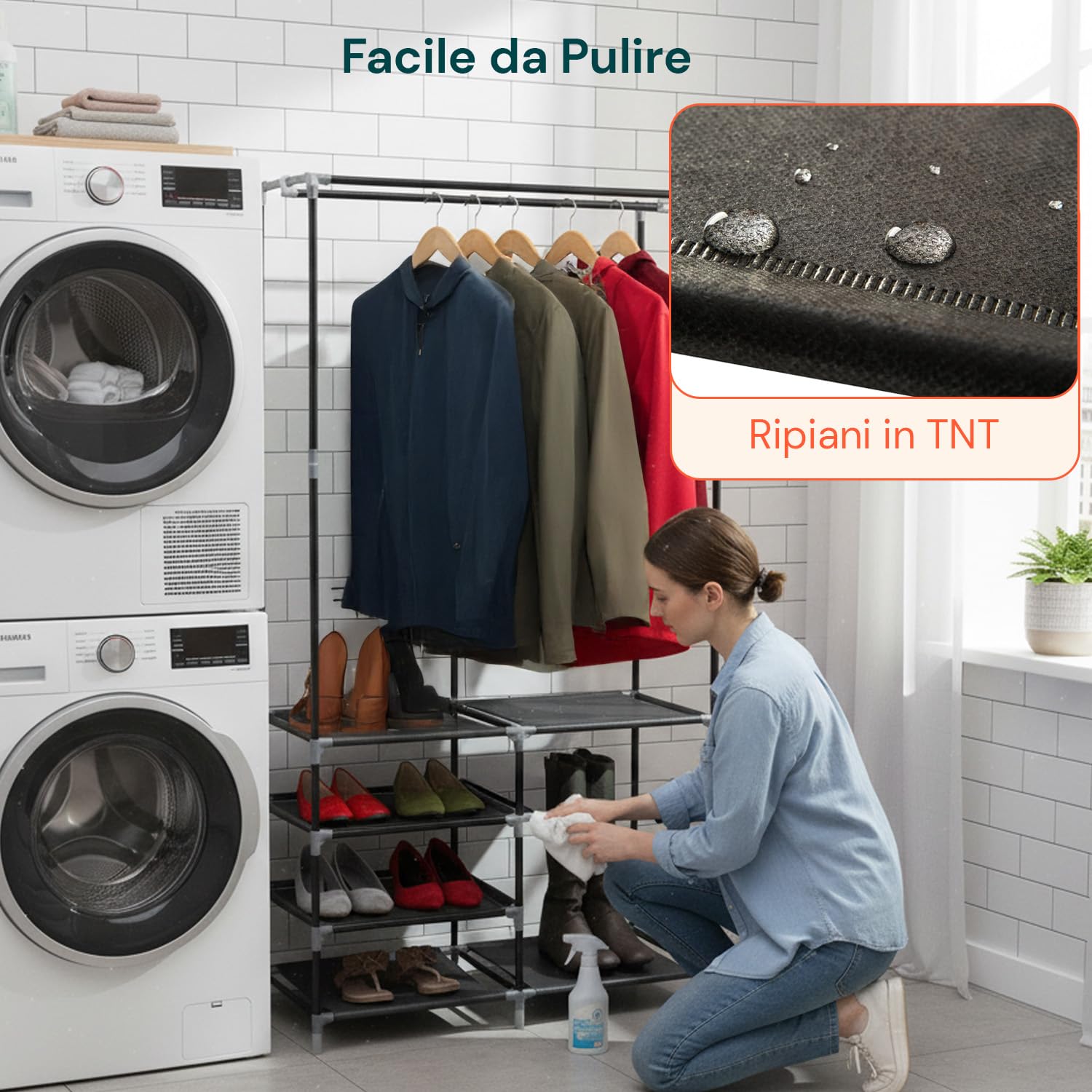 Avilia Appendiabiti da Terra con Scarpiera Integrata a 6 Ripiani - Stand Porta Abiti Salvaspazio in Metallo e TNT - Armadio Aperto per Ingresso, Camera e Bagno - Montaggio Rapido senza Attrezzi