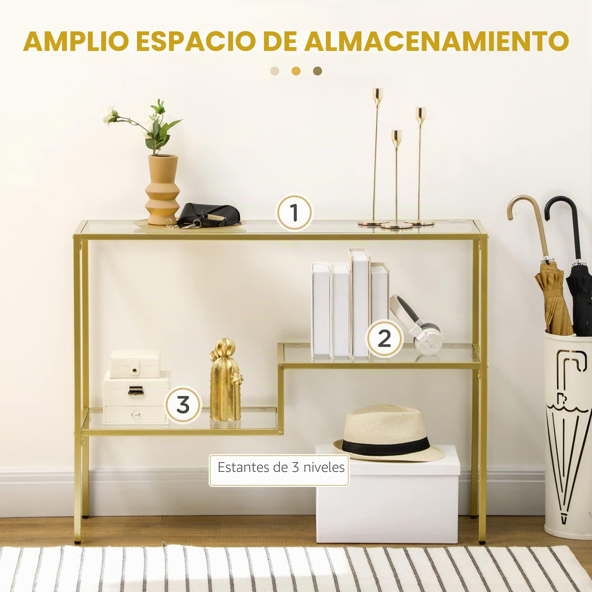 HOMCOM Consola de Entrada con 3 estantes de Acero y Cristal Templado, 100x32x76 cm, Dorado