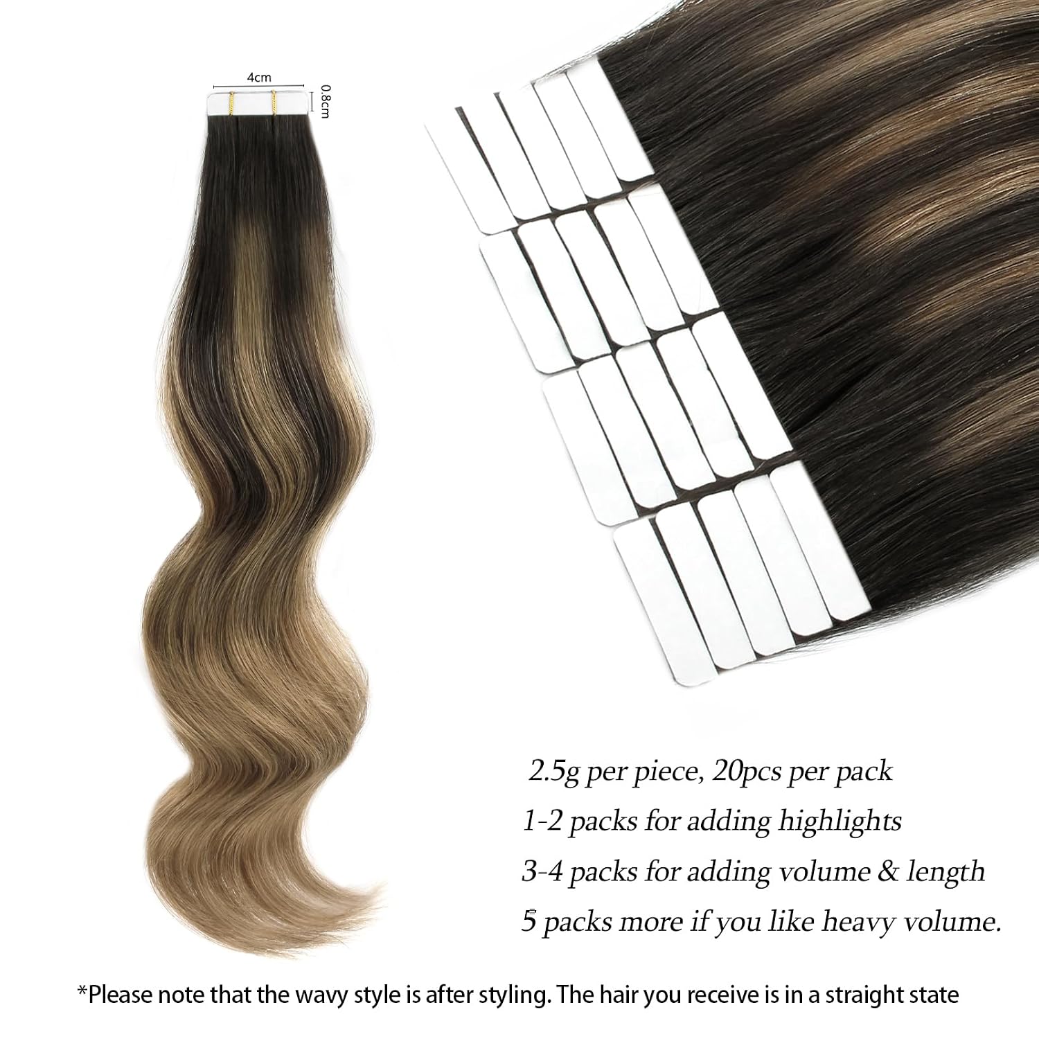 ABH AMAZINGBEAUTY HAIR Semi-permanent Balayage Tape in Hair Extensions Highlight Remy Human Hair 20 Pieces 50 Grams Ombre Dark Brown Fading into Chestnut Brown Soft Hair B2-6 14 Inch