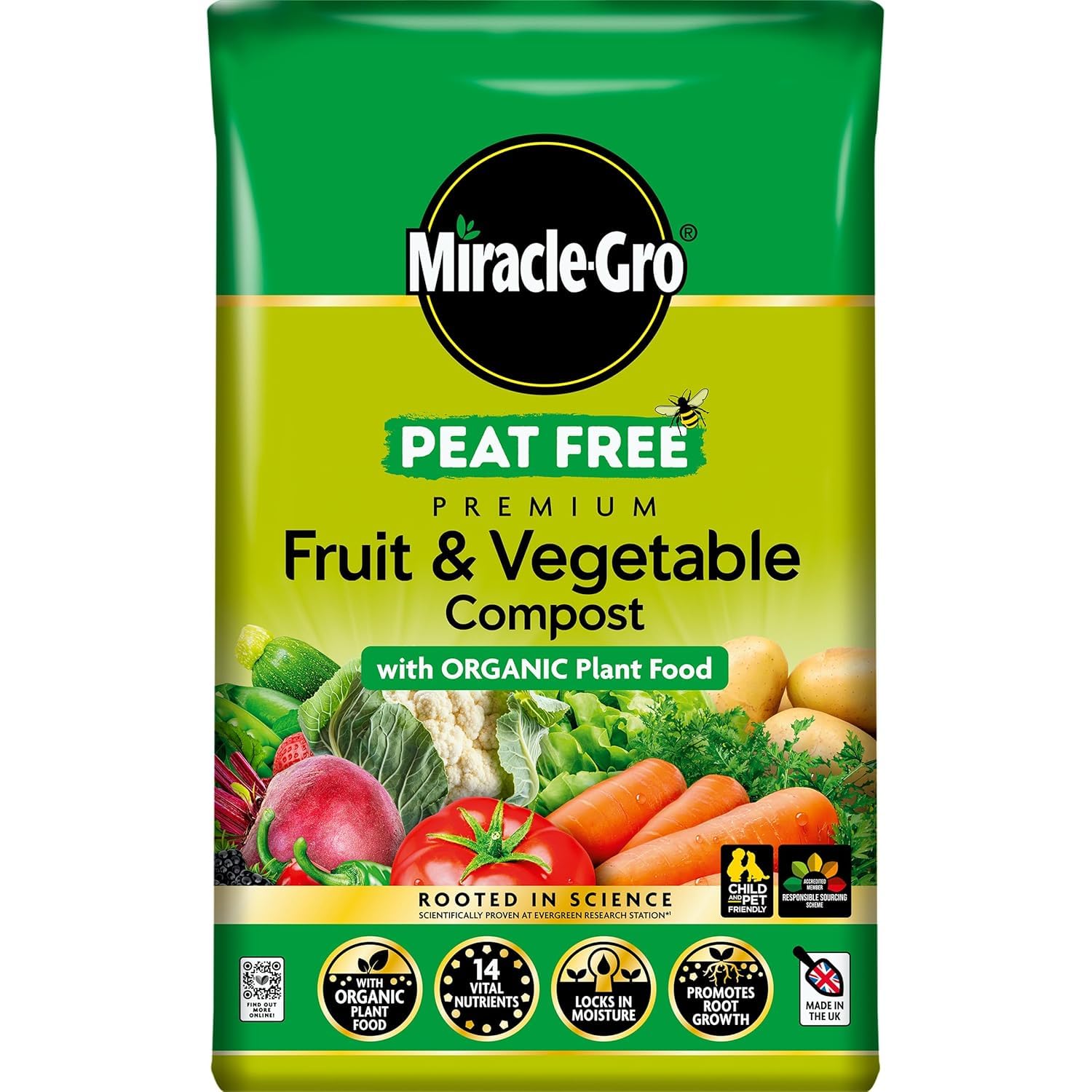Miracle Gro Peat Free Premium Fruit & Vegetable Compost 40L | Enriched with Organic Plant Food | 14 Vital Nutrients | Locks in Moisture | For Pots & Deep Planters | 40 Litre Sustainable Growth Bag