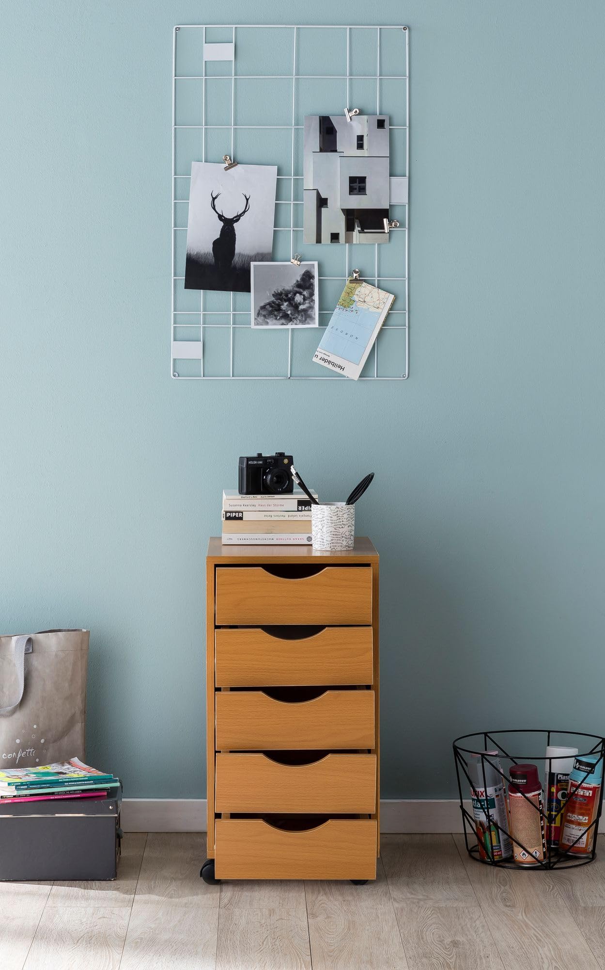WOHNLING Caisson à roulettes 33x38x64 cm Hêtre MDF avec 5 Tiroirs