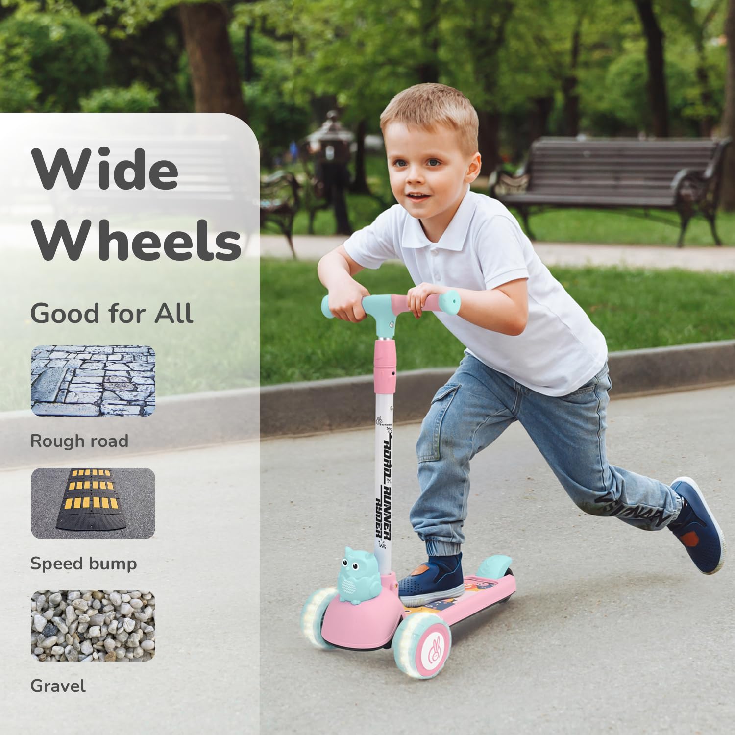 R for Rabbit Road Runner Ryder Kids Scooter, 3 Level Adjustable Height Wide Deck & PU LED Wheels Kick Scooter with Brake for 3+ Years Kids, Weight Capacity Upto 50kgs (Pink Blue) - Image 5 thumbnail