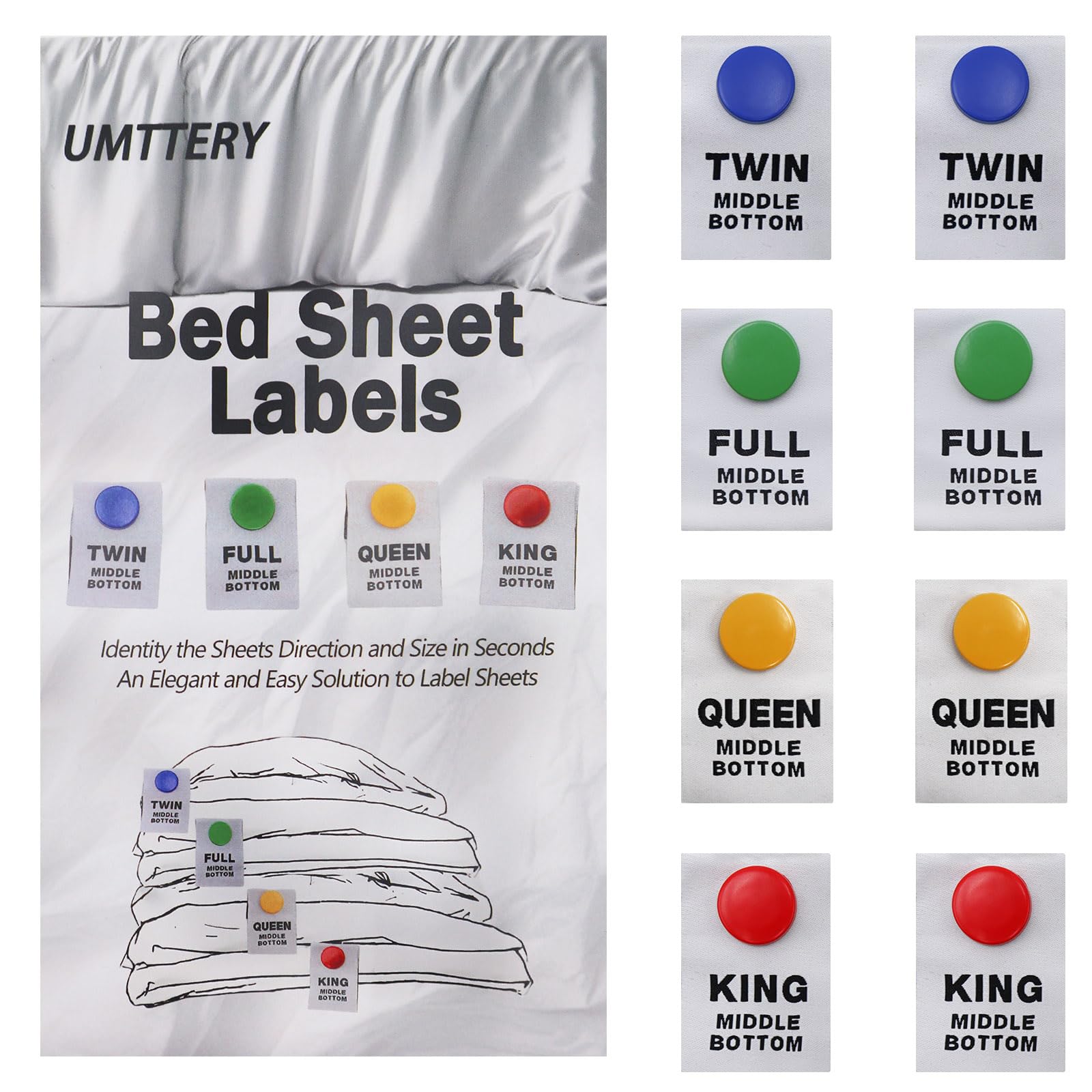 Umttery Bed Sheet Labels for Bedding,Identity The Sheets Direction and Size in Seconds, an Elegant and Easy Solution to Label Sheets, 16 Pack[Mix]