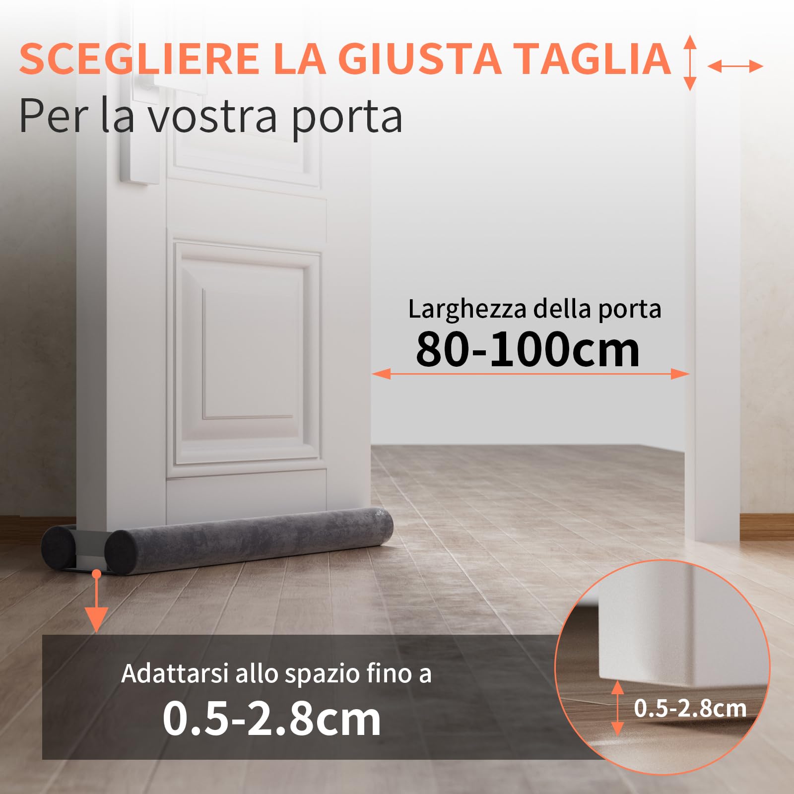 BKSAI Paraspifferi per Porte Guarnizione Inferiore Porte Senza Colla | Paraspifferi Doppia Guarnizione Isolante Termico Insonorizzato Antivento, Paraspifferi Sottoporta per Porte 80-100 cm Grigio