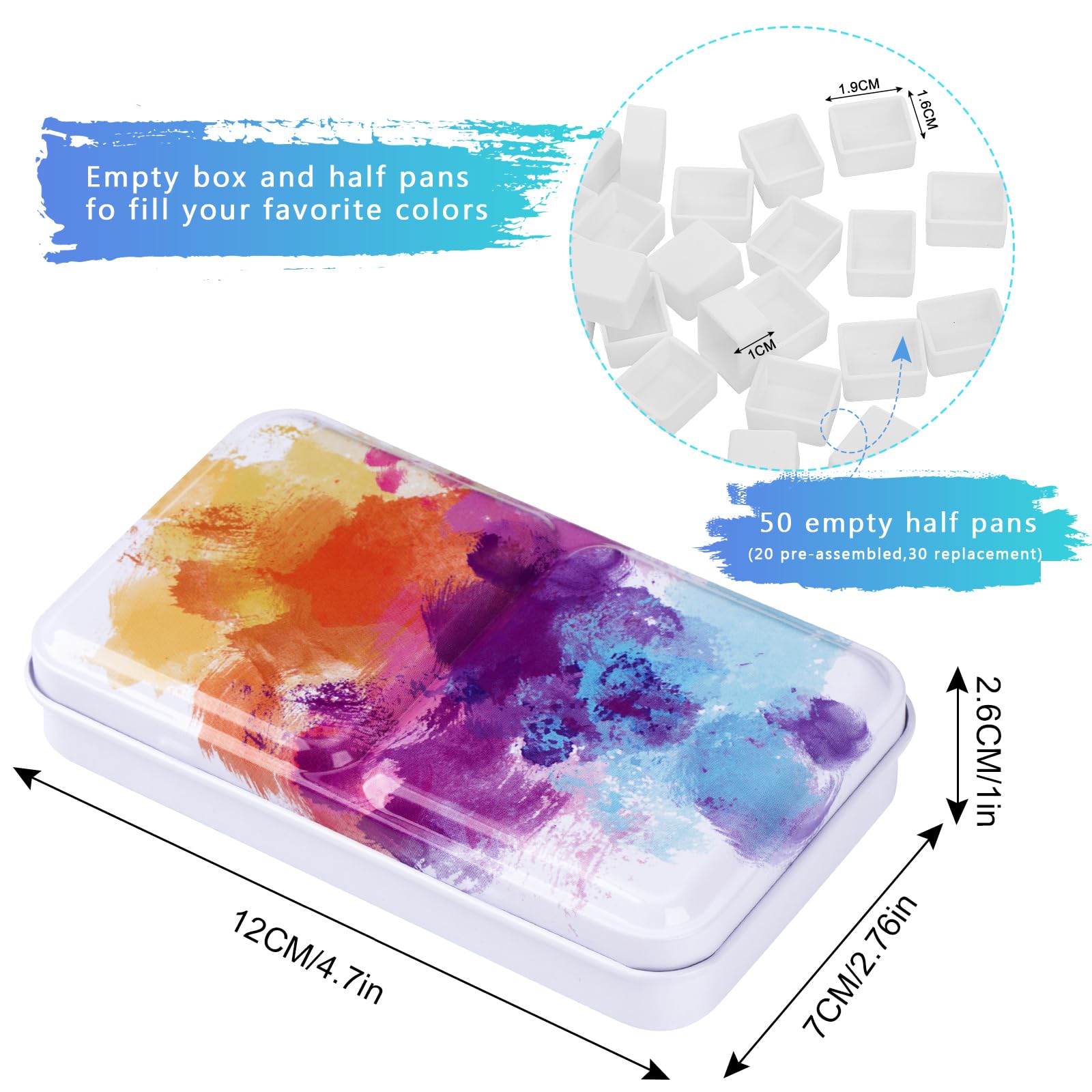 Palette d'aquarelle vide avec palette dépliante, petite palette d'aquarelle violette avec 50 demi-godets vides pour bricolage, voyage, peinture acrylique et peinture à l'huile