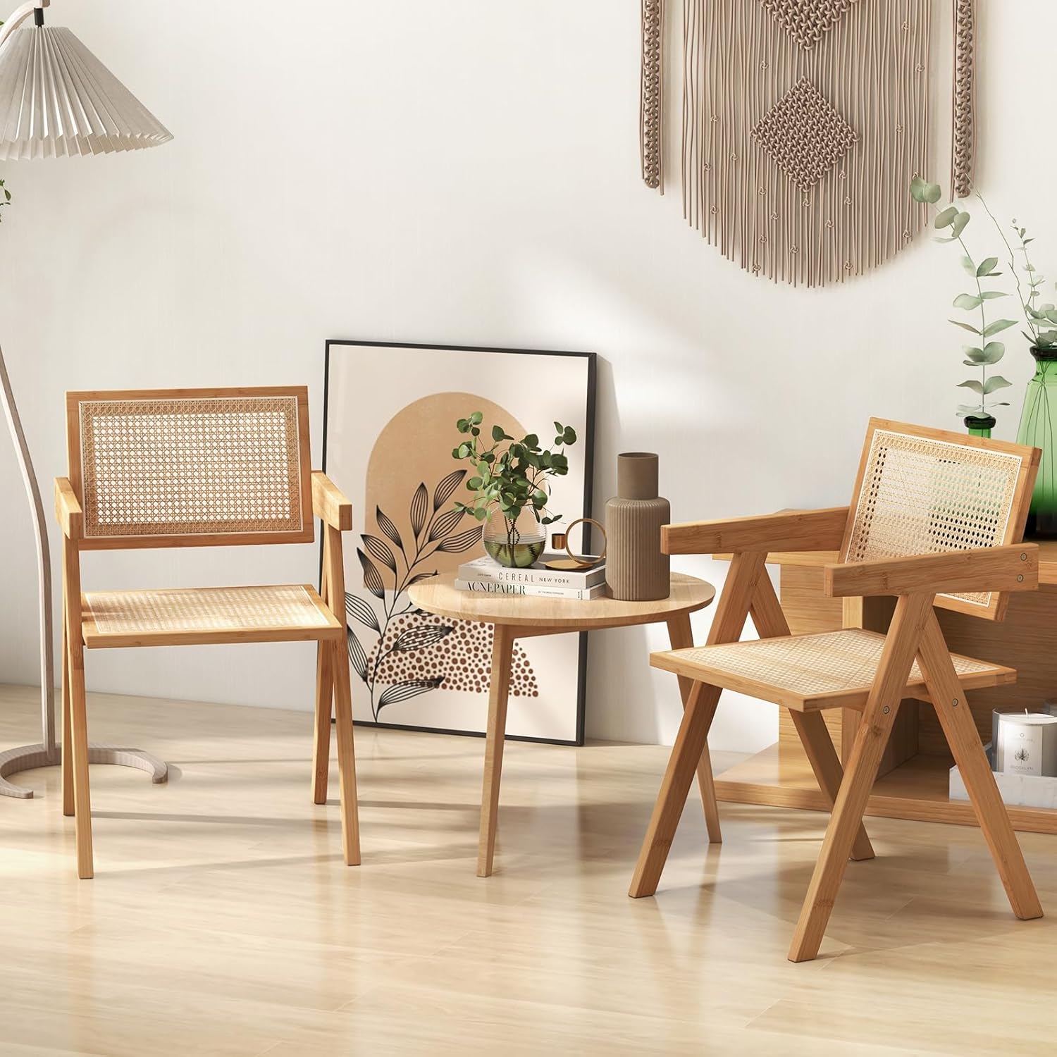 Rattan Dining Chairs Set of 2, Comfy Living Room Chairs, Accent Kitchen Chairs with Woven Backrest & Seat, Mid Century Modern Armchair, Retro Woven Chair for Reading Room Balcony (2)