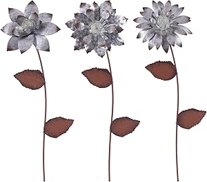 TZSSP Floral Garden Stake Outdoor Glow in Dark Silver Plant Pick Water Proof Metal Flower Stick Décor for Lawn Yard Patio,3 PCS