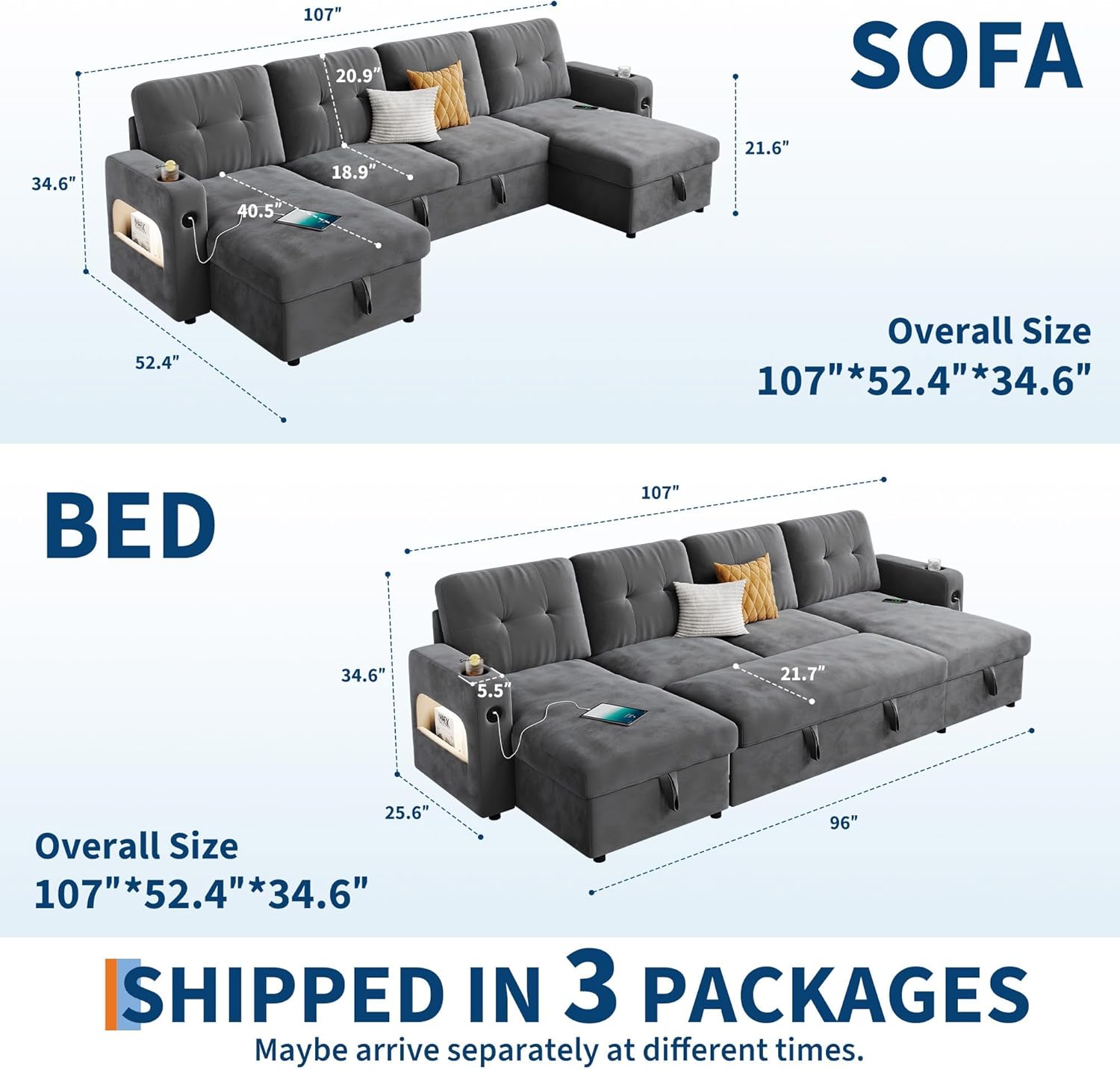 IDEALHOUSE 107" U Shaped Sleeper Sofa, Convertible Pull-Out Couch Bed with Storage & Charging Station, Sectional Sofa Bed with Cup Holder, Reversible Chaise for Living Room, Velvet, Dark Gray