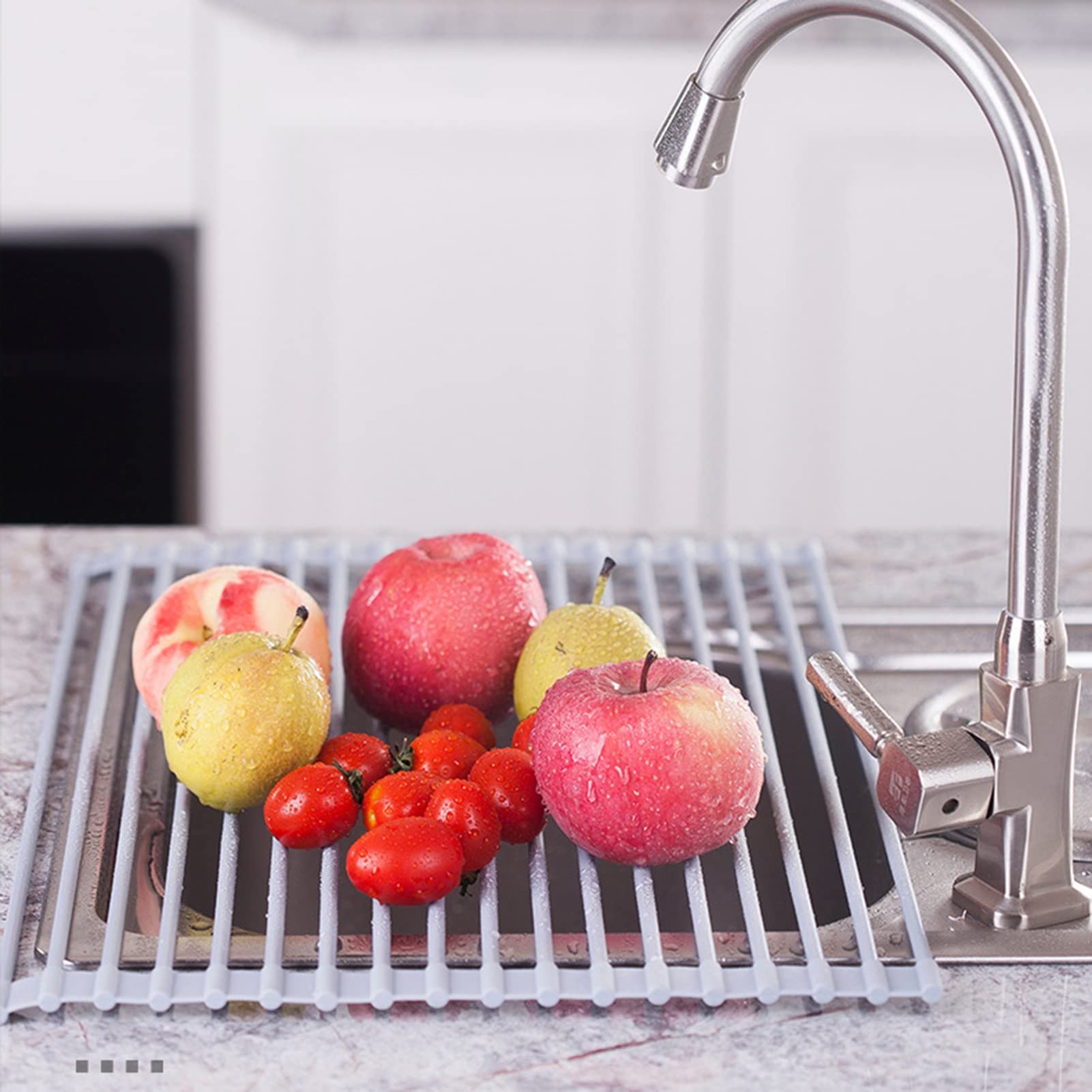 Escurridor plegable de silicona y acero inoxidable para fregadero de cocina ajustable (33 52 x 24 24,5 cm)