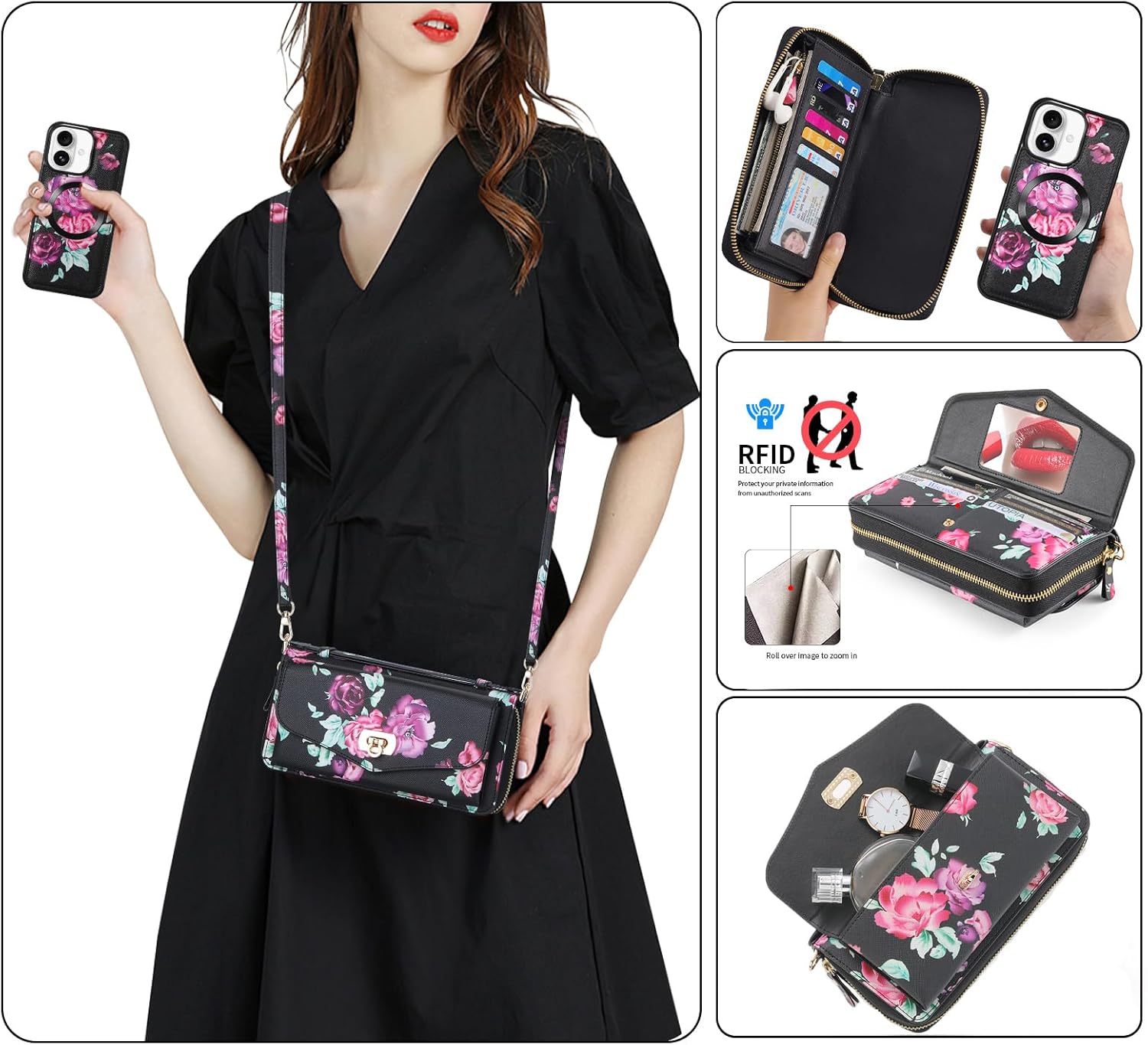 Crossbody Wallet Case for iPhone 17 6.3", Magnetic Detachable PU Leather Case with RFID Blocking Card Holder, Wristlet & Shoulder Strap, Flip Zipper Clutch Purse for Women - Black F