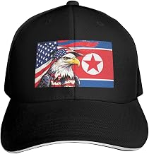 Bald Eagle USA Flag & North Korea Koreans Classic Flag Sandwich Baseball Cap 100% Polyester Adjustable Velcro Curved Brim Unisex Patriotic Hat for Daily Outdoor Sports Black