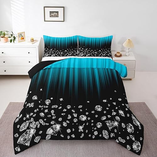 Erosebridal Juego de ropa de cama color verde azulado degradado para niñas y mujeres, juego de edredón geométrico abstracto verde azulado y negro