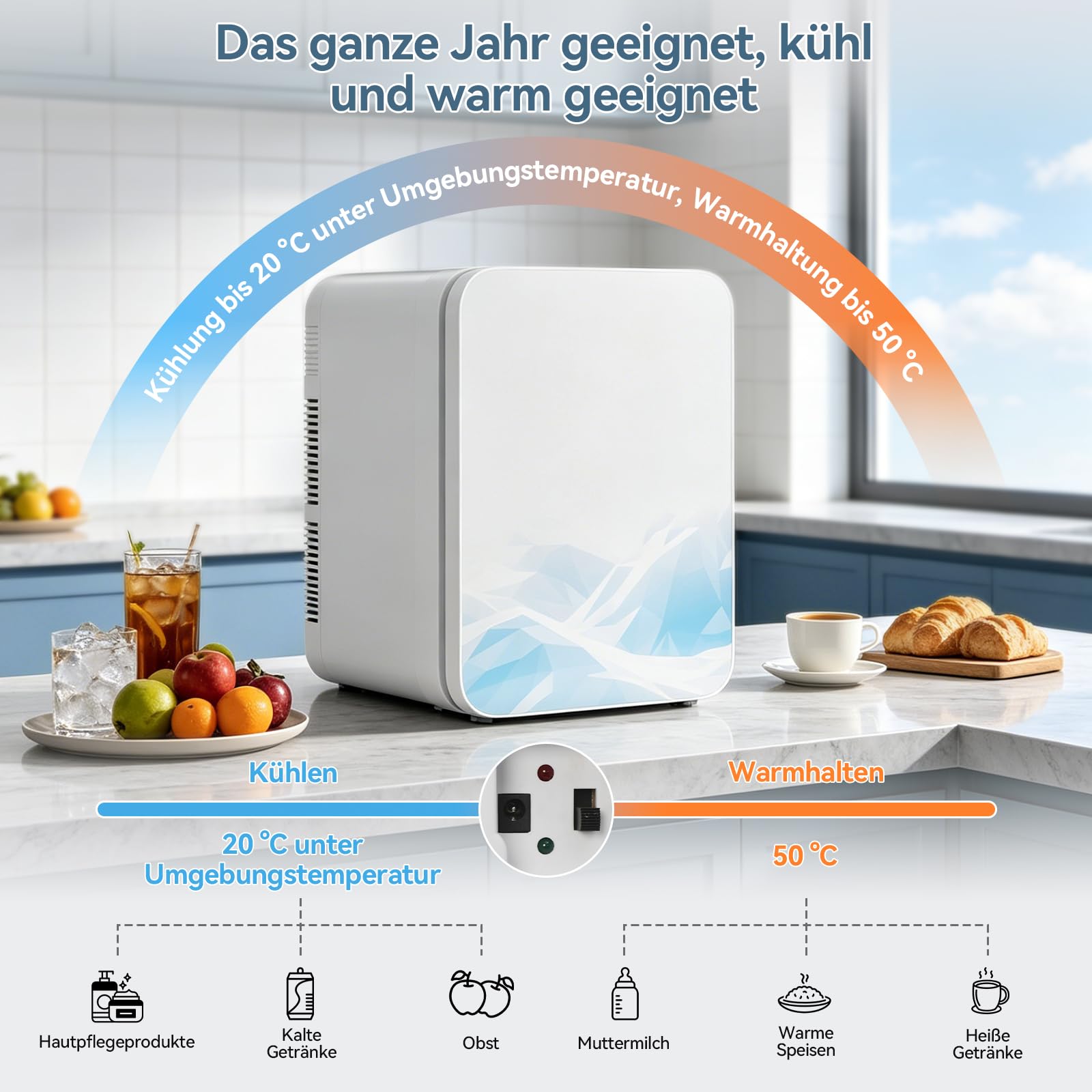 Mini Kühlschrank 20L,2 in 1 Kleiner Kühlschrank,mit Eleganter Glasfront,220V AC/12V DC,Mini-Kühlschränke,Tragbarer Skincare Fridge für Kosmetik,Getränke,für Auto/Büro/Camping,Blau+Weiß