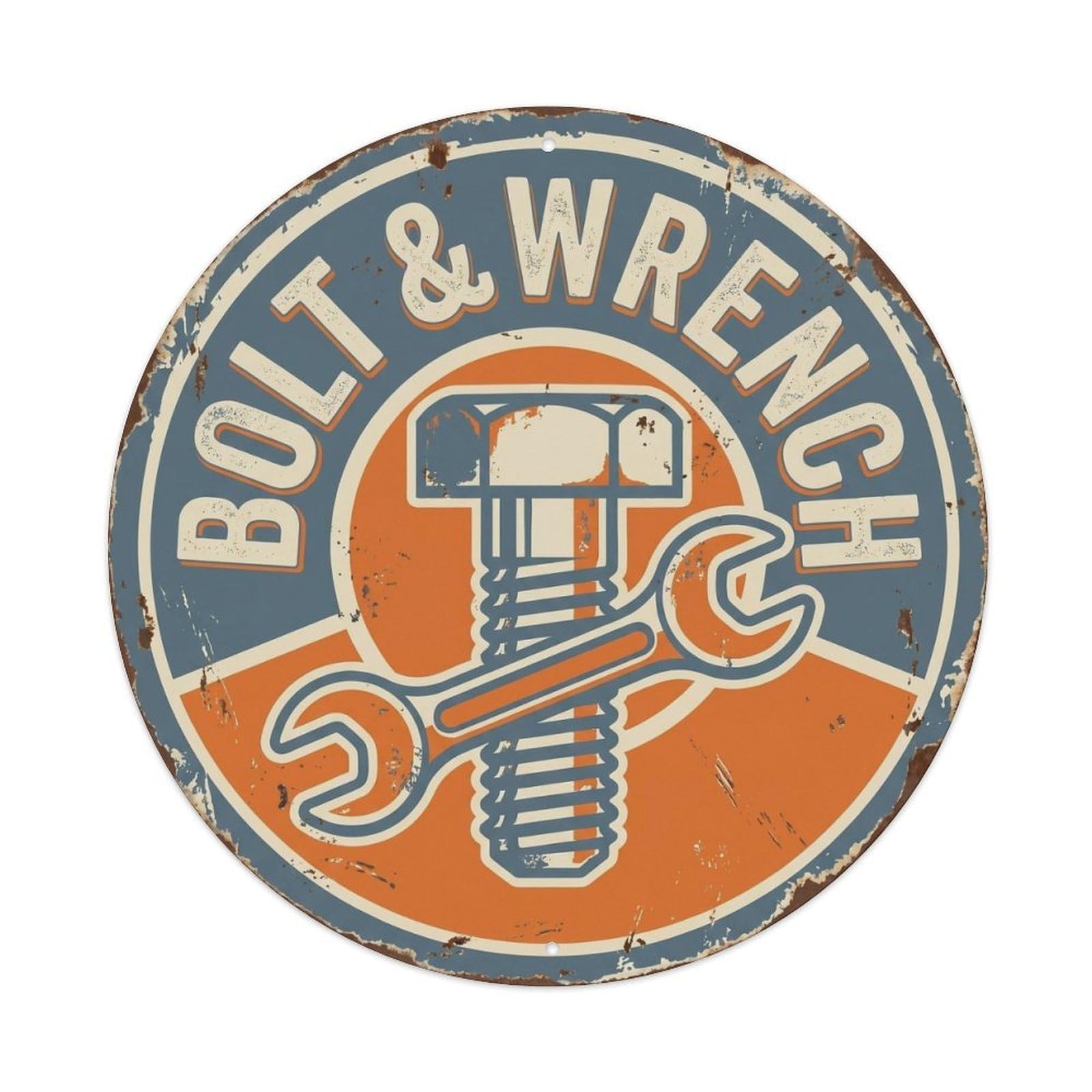 Bolt Wrench Workshop Quote Rustic Style Screenprint Tool Culture Metal Tin Sign Plaque Wall Decor for Cafe, Man Cave, Club Bar, Office, Home Garden Round Metal Poster 8x8Inch