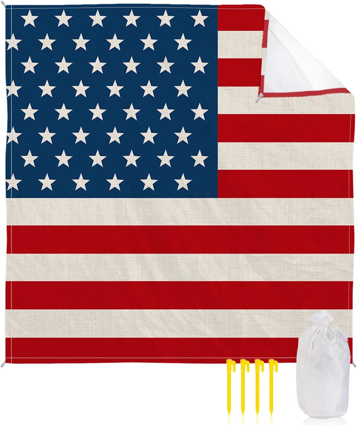 Teamery Beach Blanket 118x108in Red Stripes Stars USA Flag Independence Day Patriot Waterproof Sandproof Mat, Pentagram Thin Line Linen Outdoor Picnic Mat Beach Accessories for Travel Camping Hiking