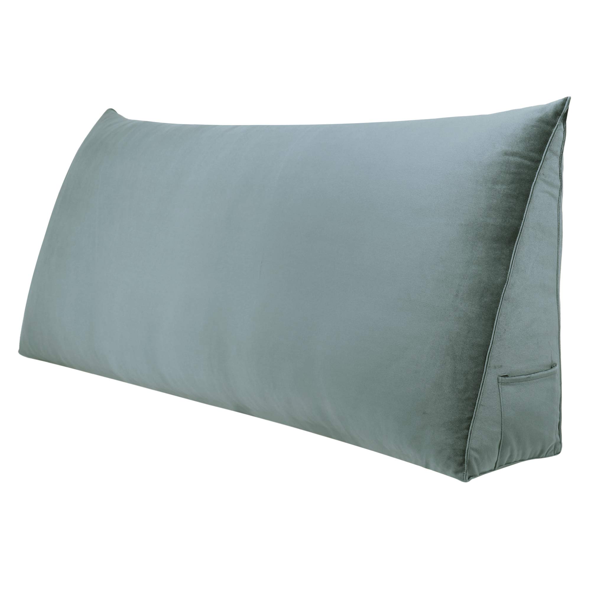 WOWMAX Large Bolster Triangular Positioning Support Reading Backrest Wedge Pillow for Headboard for Day Bed Bunk Bed with Removable Cover Velvet No Button Grey Queen