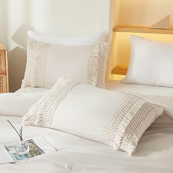 Beige Gray Tassel Pillowcases, Cream Boho Pillow Cases Set of 2, 100% Washed Microfiber, Beige Macrame Tassel Pillow Cover, 2 Pack Queen, Beige Tassel