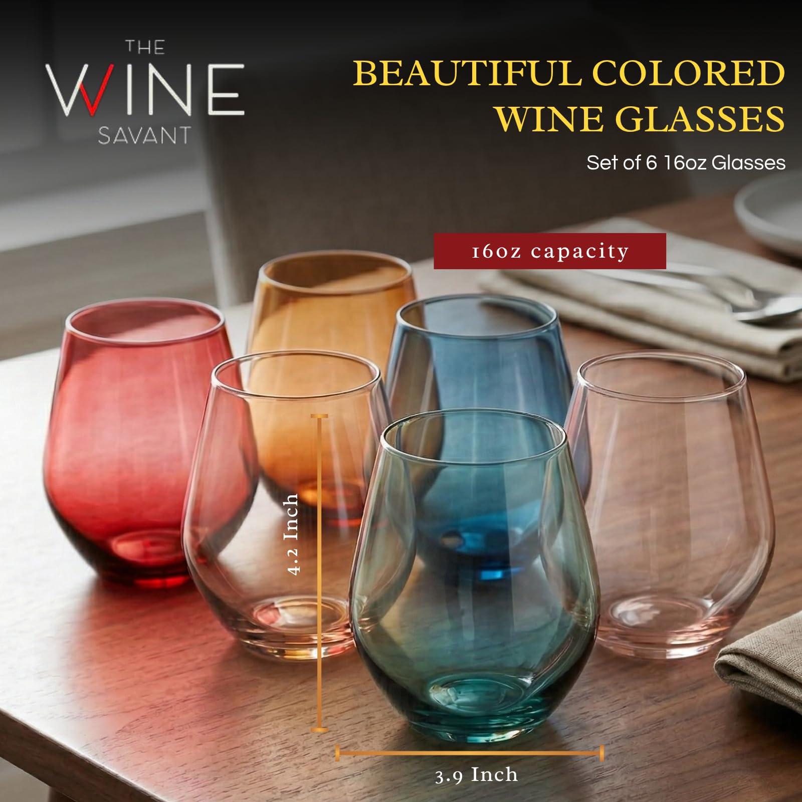 Farbiges Pastell-Weinglas-Set, große 473 ml Gläser, 6 Stück, einzigartiger italienischer Stil, hoher Stiellos für Weiß- und Rotwein, farbiger Becher, schöne Glaswaren (ohne Stiel)