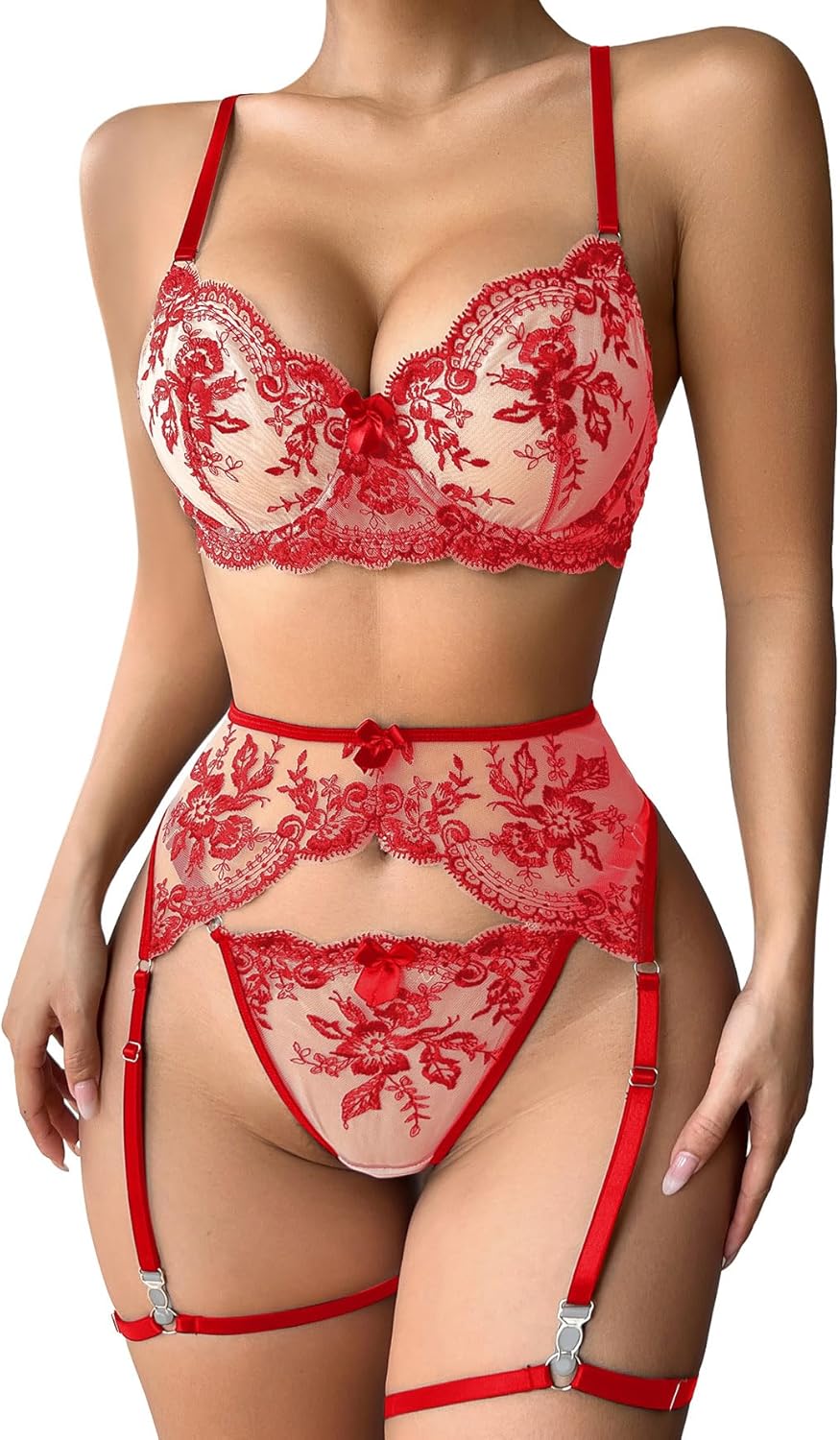 Lilosy Sexy Floral Embroidery Mesh Sheer Underwire Push Up Garter Belt Lingerie Set 3 Piece Bow Medium Red
