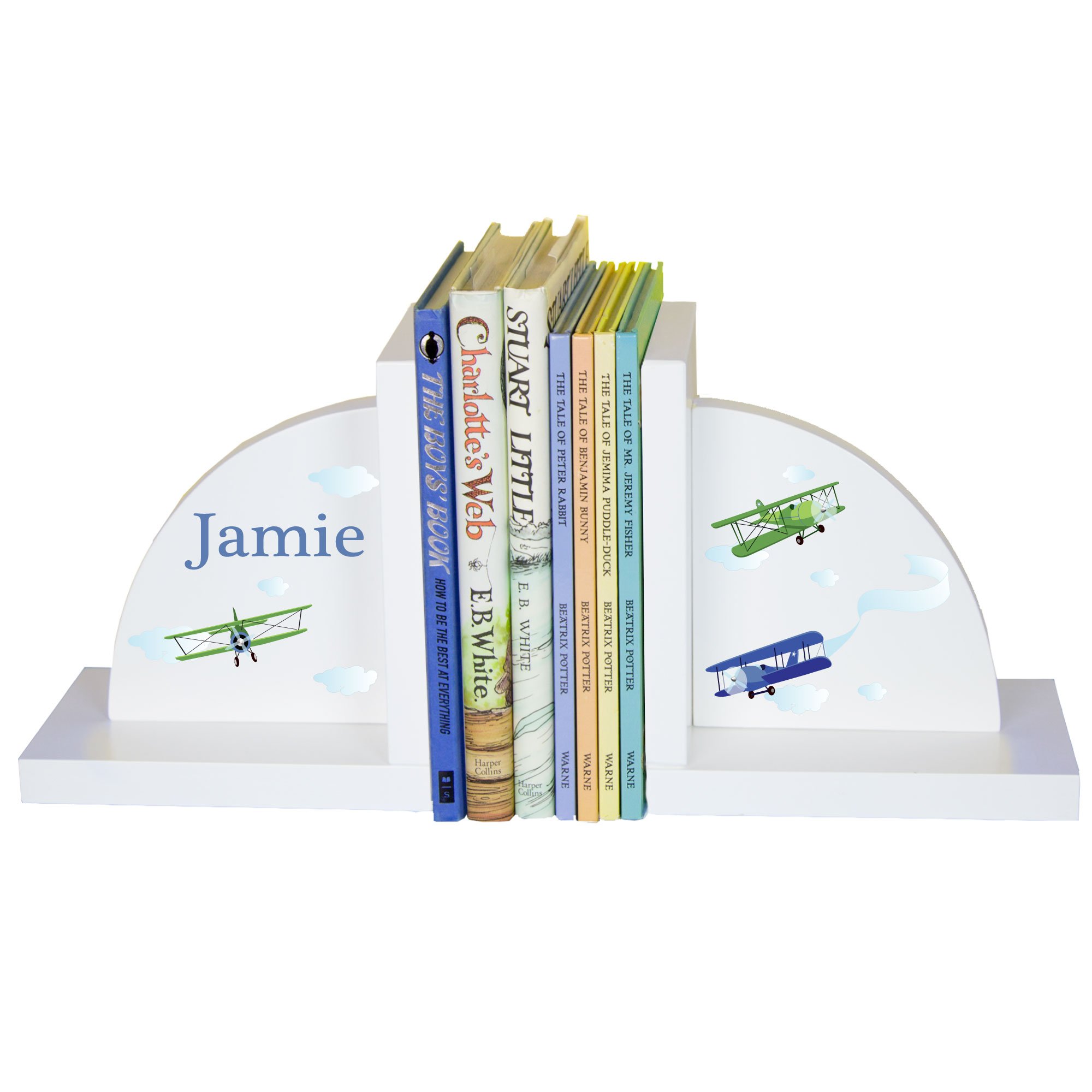 Personalized Bookends Custom White Wood Book Ends for Children's Books Gift for Boys Book Shelf (Planes)
