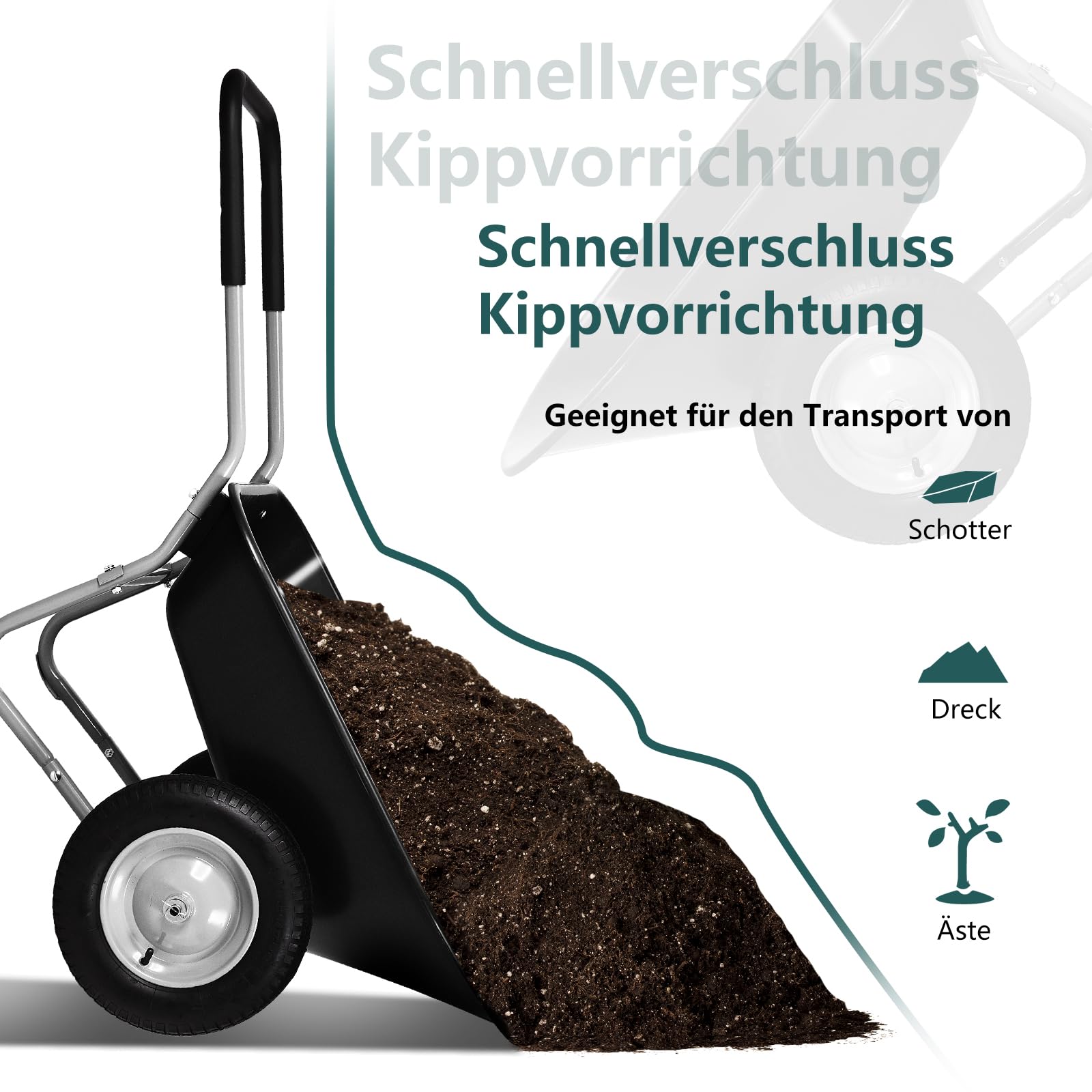 GYMAX Gartenschubkarre 100 Liter Volumen mit 2 Luftreifen, Schiebkarre Transportkarre mit Griff, Bauschubkarre bis 100 kg belastbar, 65 x 145 x 65 cm (Schwarz)