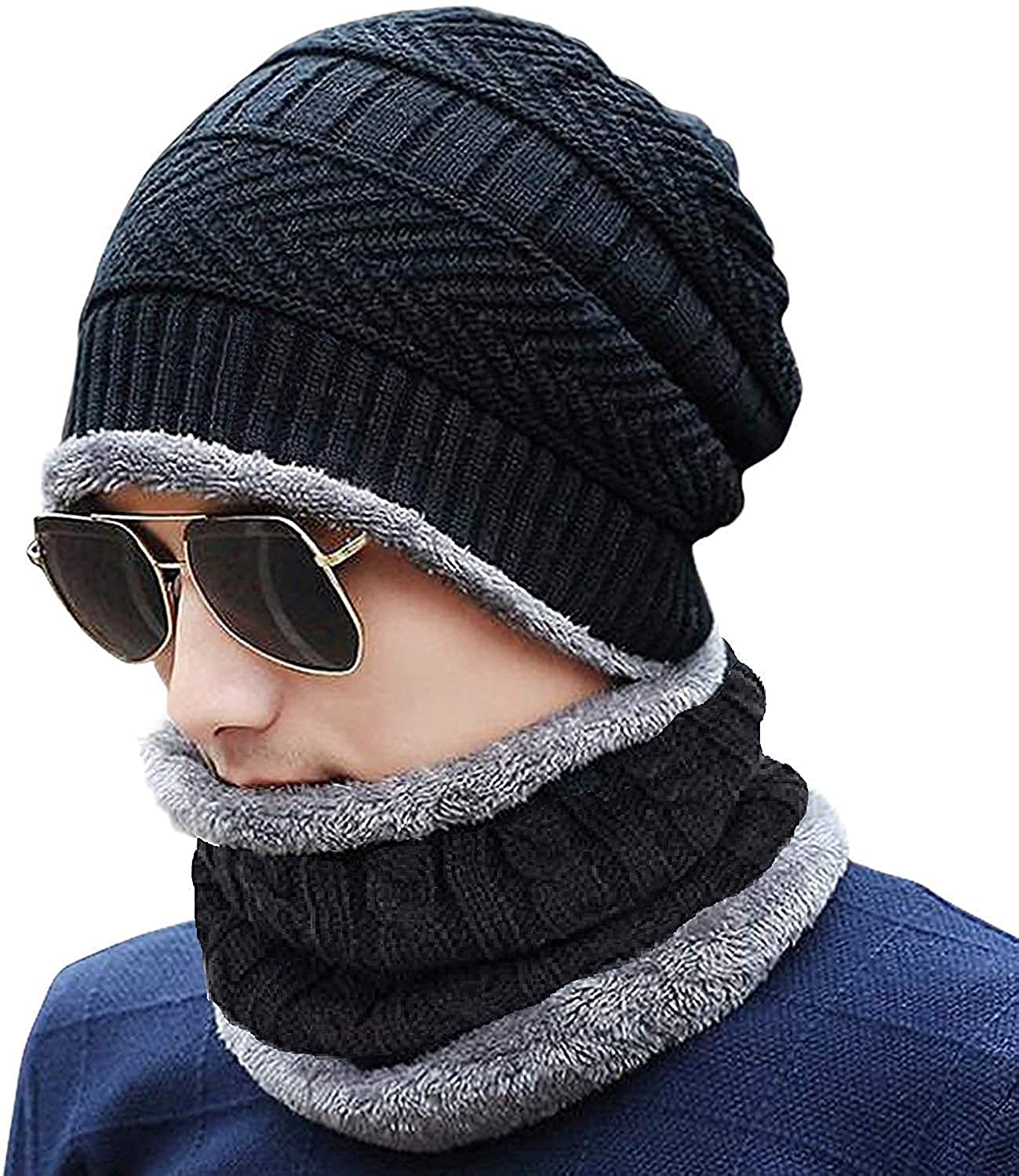 BrendoMen & Women Woolen Cap and Neck Warmer Scarf Set Knitted Fur Lined Winter Neck Scarf Beanie