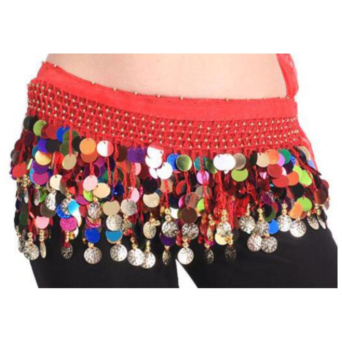 VRITRAZ Women's Chiffon Belly Dance Hip Scarf Waistband Belt Skirt Mixed Colors Beads and Golded Coins 56 Red 2