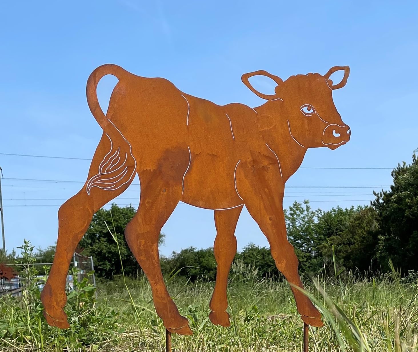 STEINFIGURENWELT GIEBEN Kuh Kalb 52x56cm Gartenstecker Edelrost Gartendeko Wetterfest Rost Metall Rostfigur Bauernhof Tier