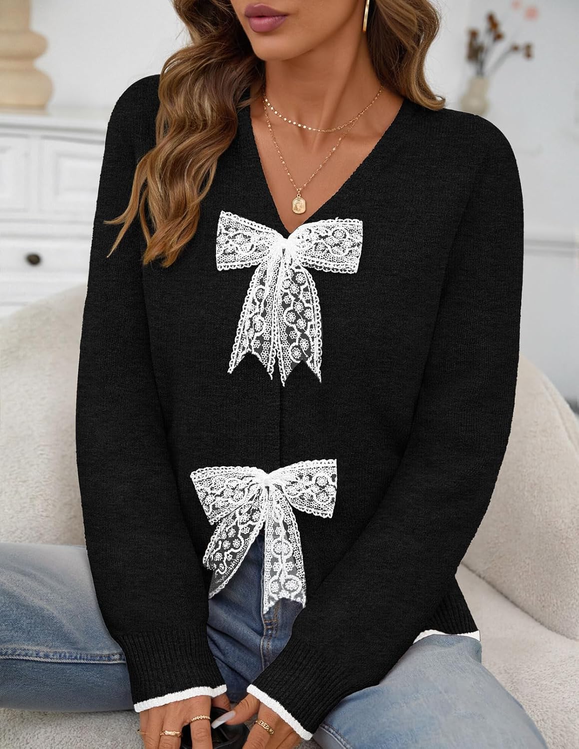 MEROKEETY Women's Tie Front Bow Cardigan Sweaters 2025 Long Sleeve Chunky Knit Cute Trendy Fall Winter Coats - Image 3