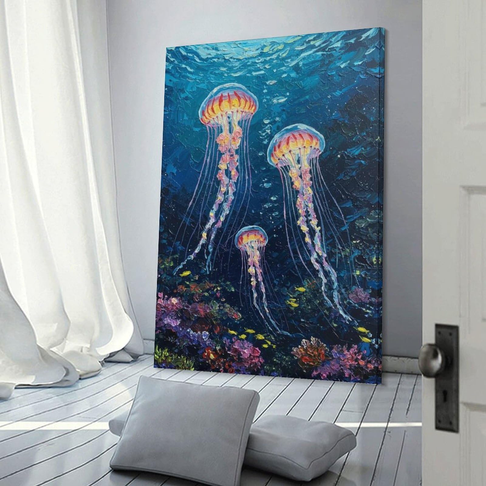 Junmoney Frame-Style-9 Jellyfish In The Deep Blue Sea Decorative Wall Artwork 20X30inch(50X75cm), For Corridors, Hallways Or Apartment Entries, Home Artwork For First Impressions