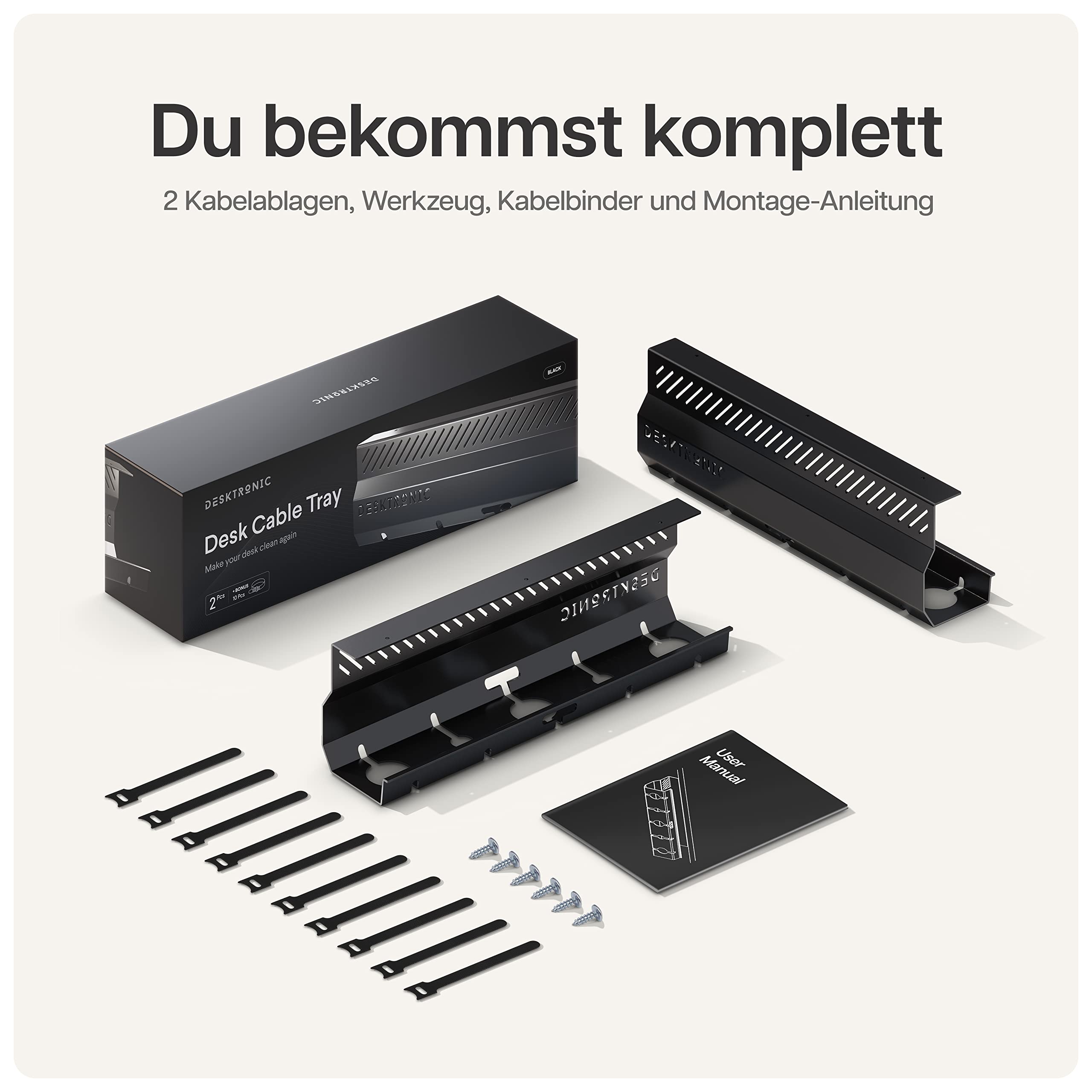 Kabelkanal Schreibtisch Schwarz 2er Set - Edelstahl Kabelmanagement Schreibtisch Kabelkanal mit 5 Kabelausschnitten - Einfach zu Installierender Kabel-Organizer - Kabelhalter von Desktronic