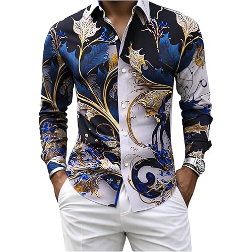 VIPWOLF Men's Button Up Dress Shirts Vintage Graphic Long Sleeve Business Work Luxury Shirt
